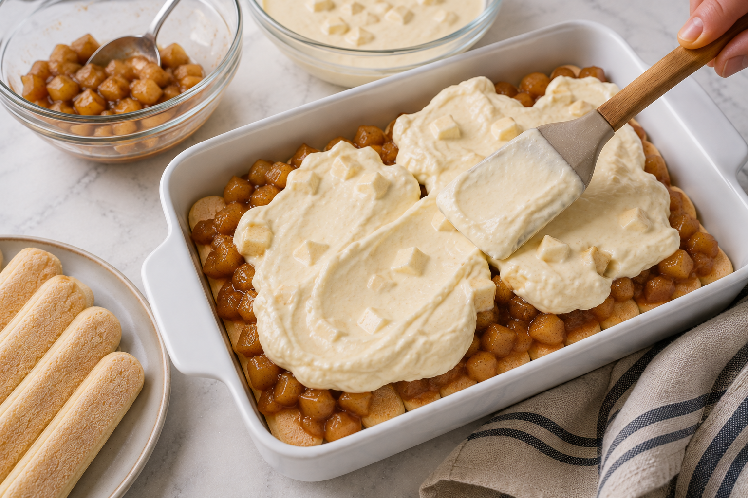 Cooked cinnamon apples and creamy mascarpone layered over ladyfingers for Caramel Apple Tiramisu.