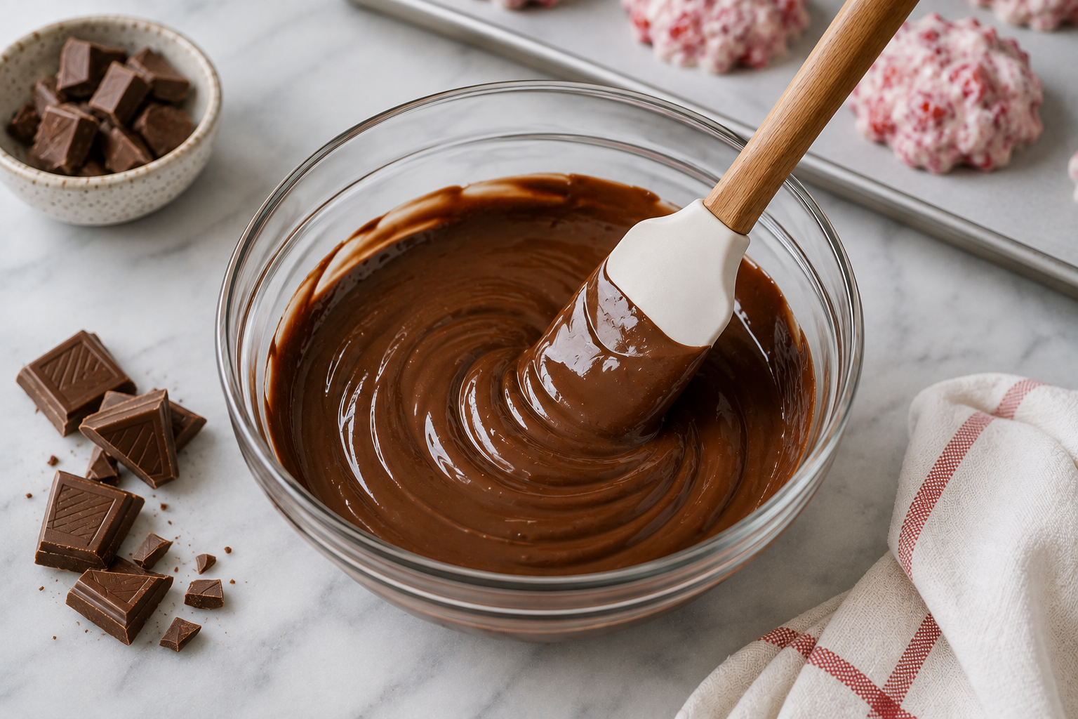 Melted chocolate stirred in a bowl until smooth for coating frozen strawberry yogurt clusters.