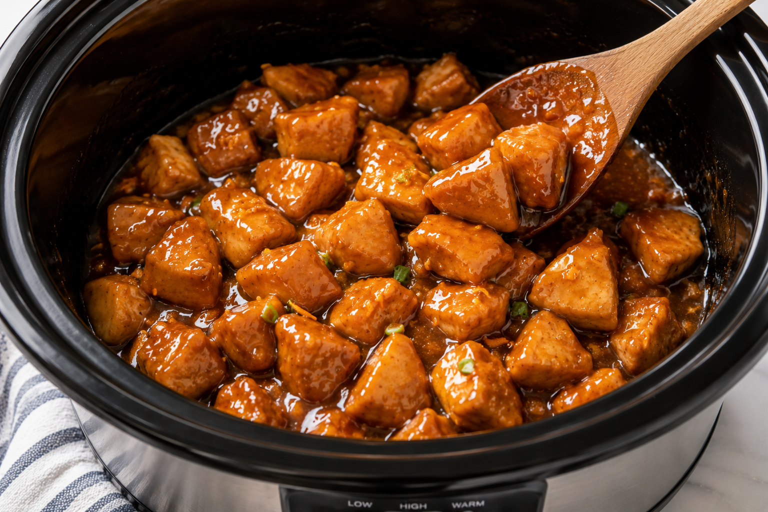 Cooked Crockpot orange chicken stirred through a thick, glossy orange glaze before serving.