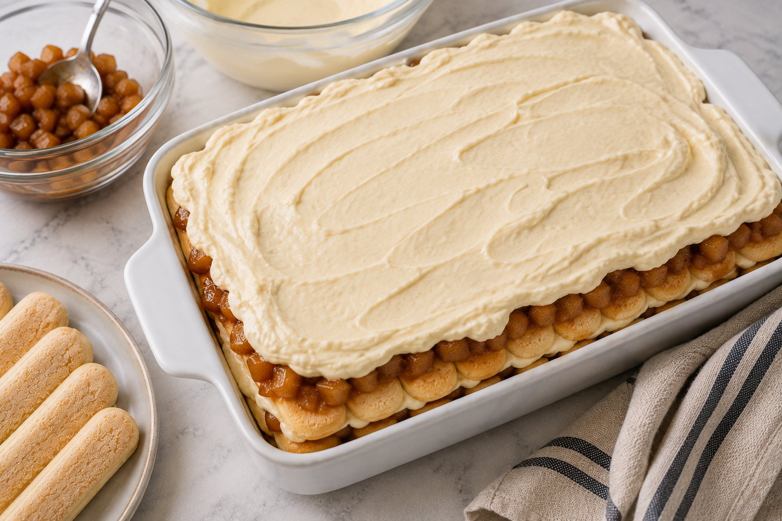 Second layer of ladyfingers, cooked apples and mascarpone assembled for Caramel Apple Tiramisu.