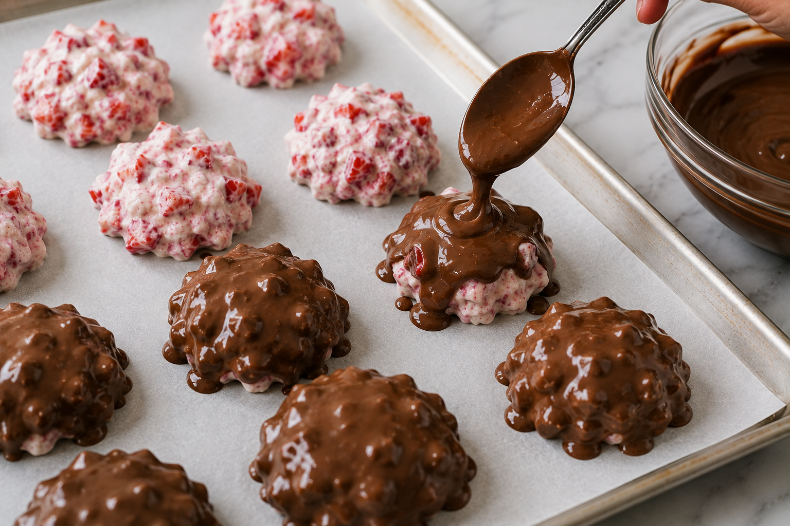 Frozen strawberry yogurt clusters being covered with smooth melted chocolate using a spoon.