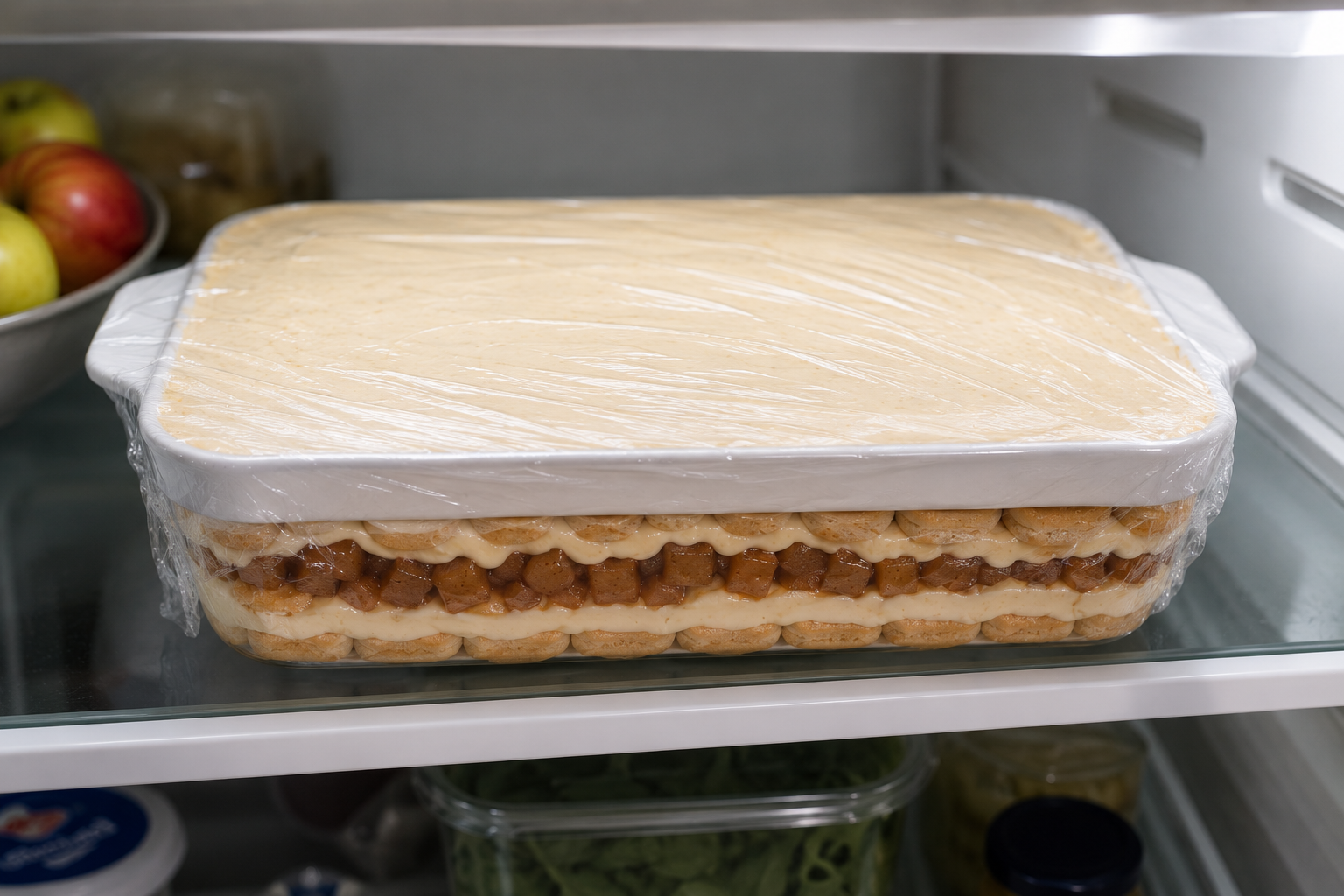 Covered Caramel Apple Tiramisu chilling in the refrigerator until the ladyfingers soften and layers set.