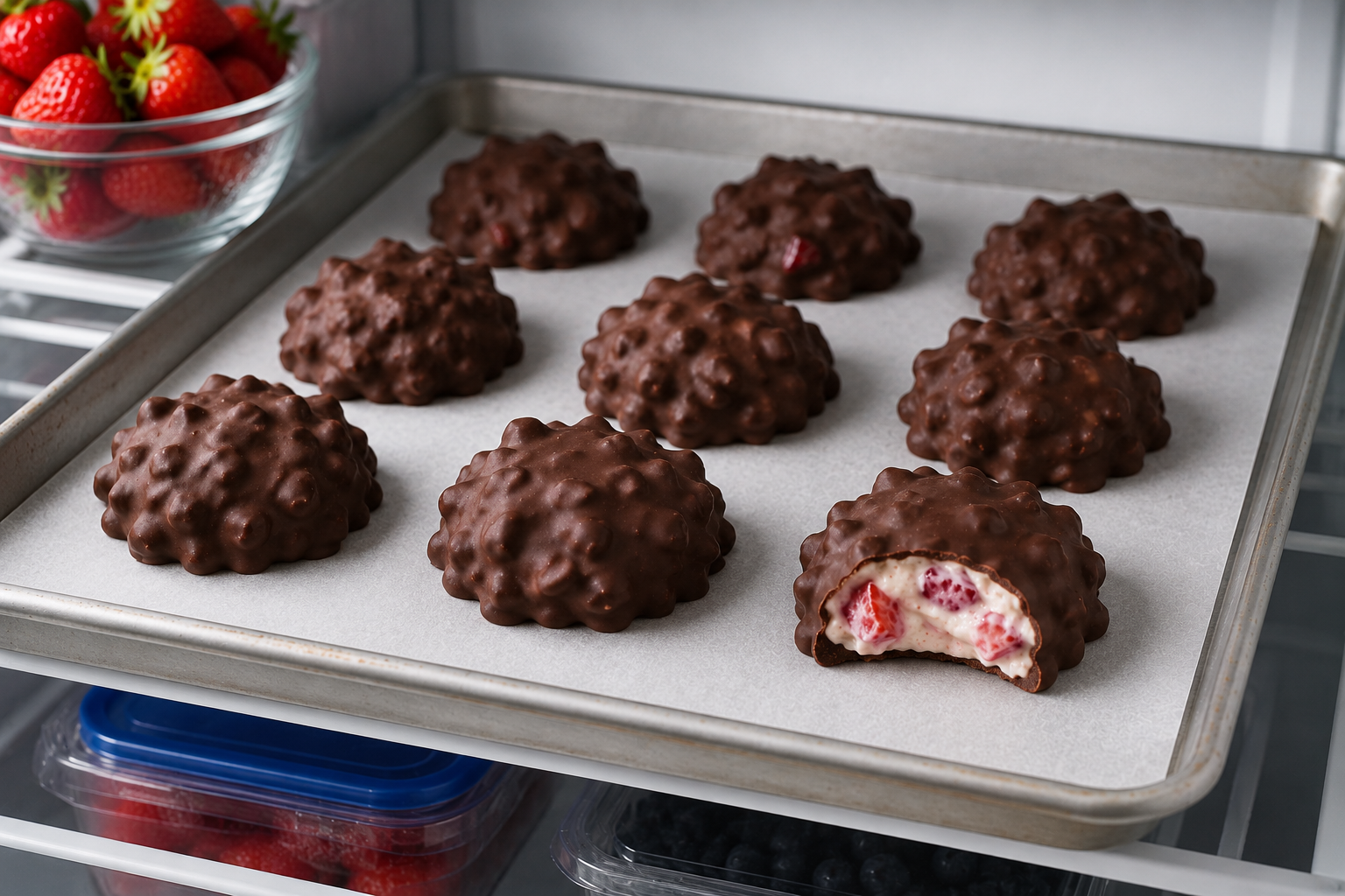 Chocolate-covered strawberry yogurt clusters chilled until the crisp chocolate shell is completely set.