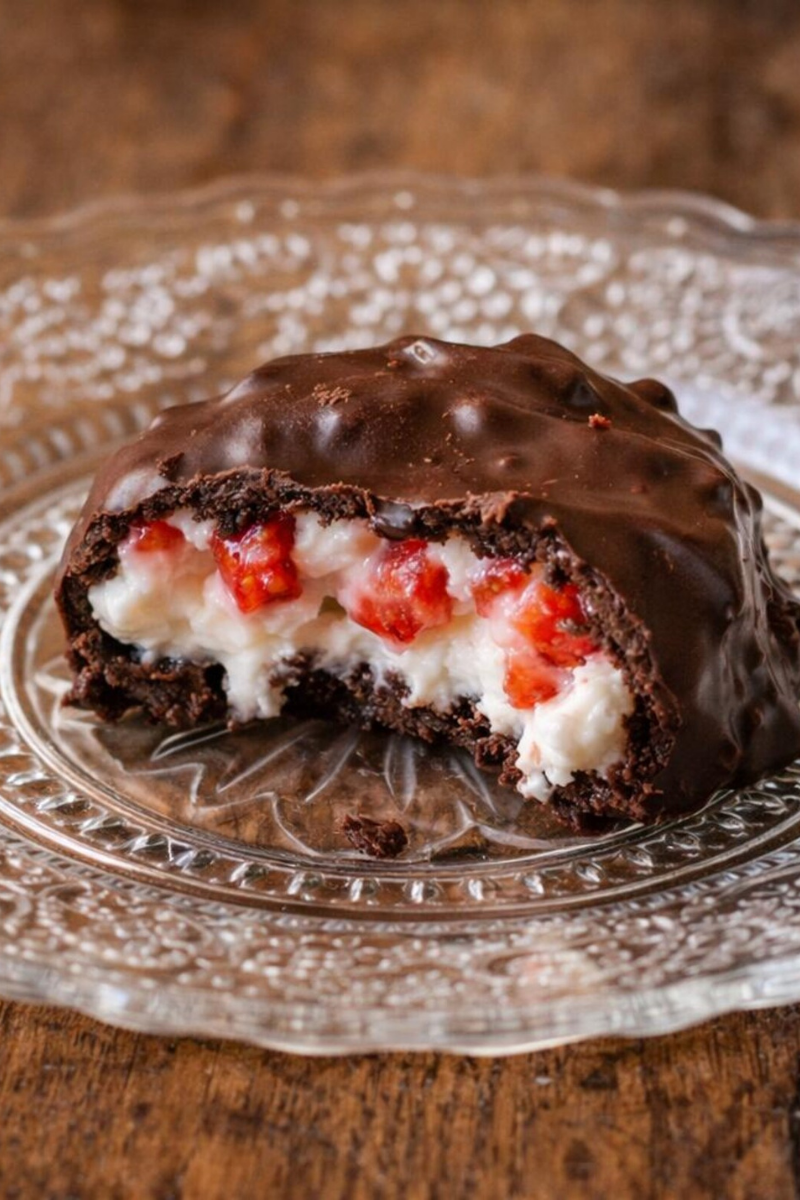 Chocolate-covered strawberry yogurt clusters with a creamy Greek yogurt and fresh strawberry center.
