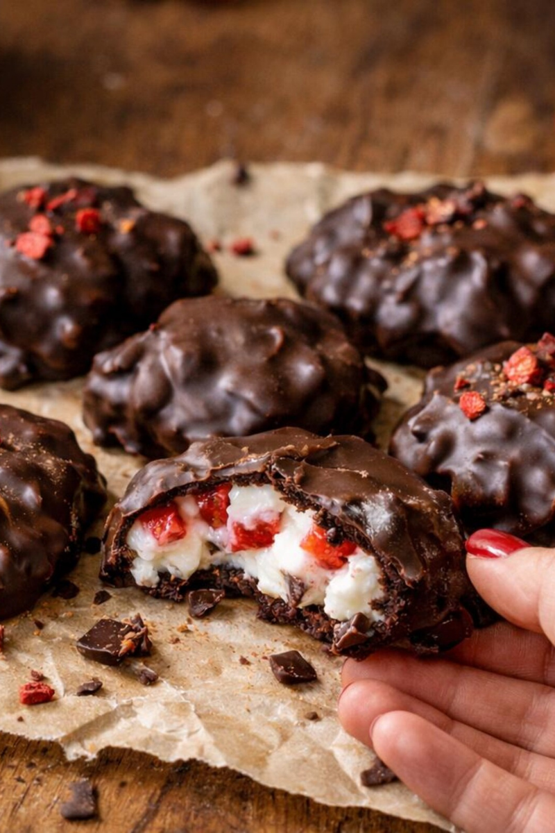 No-bake chocolate strawberry yogurt clusters with fresh strawberries, creamy Greek yogurt, and a crisp chocolate shell.