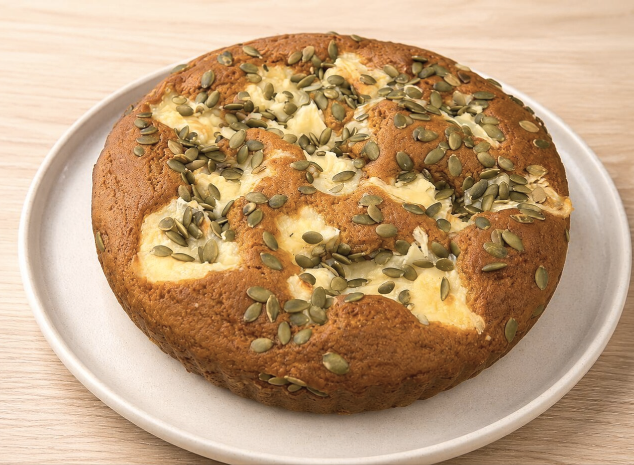 Freshly baked pumpkin cream cheese cake topped with golden pepitas.