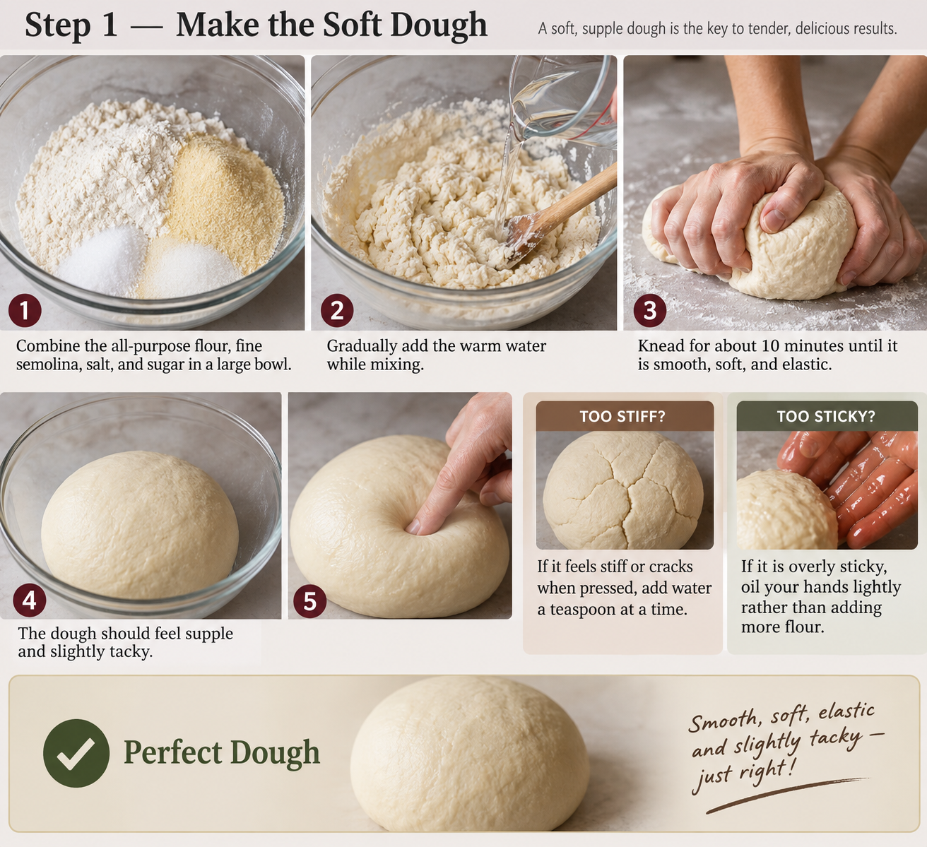 Making soft msemen dough with flour, fine semolina, salt, sugar, and warm water before kneading until smooth and elastic