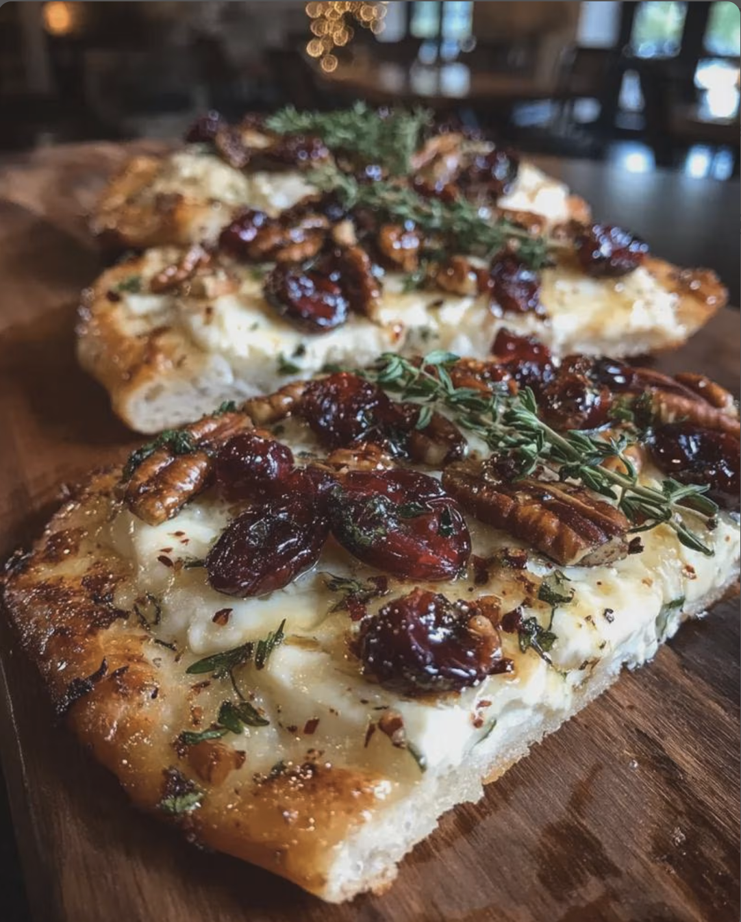 Finished Brie cranberry pecan flatbread with melted Brie, cranberries, pecans, rosemary and hot honey