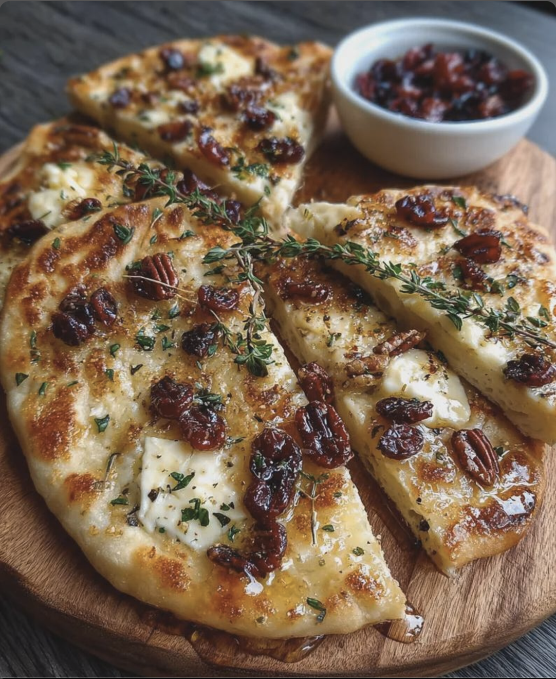 Warm Brie cranberry pecan flatbread topped with cranberries, pecans and rosemary
