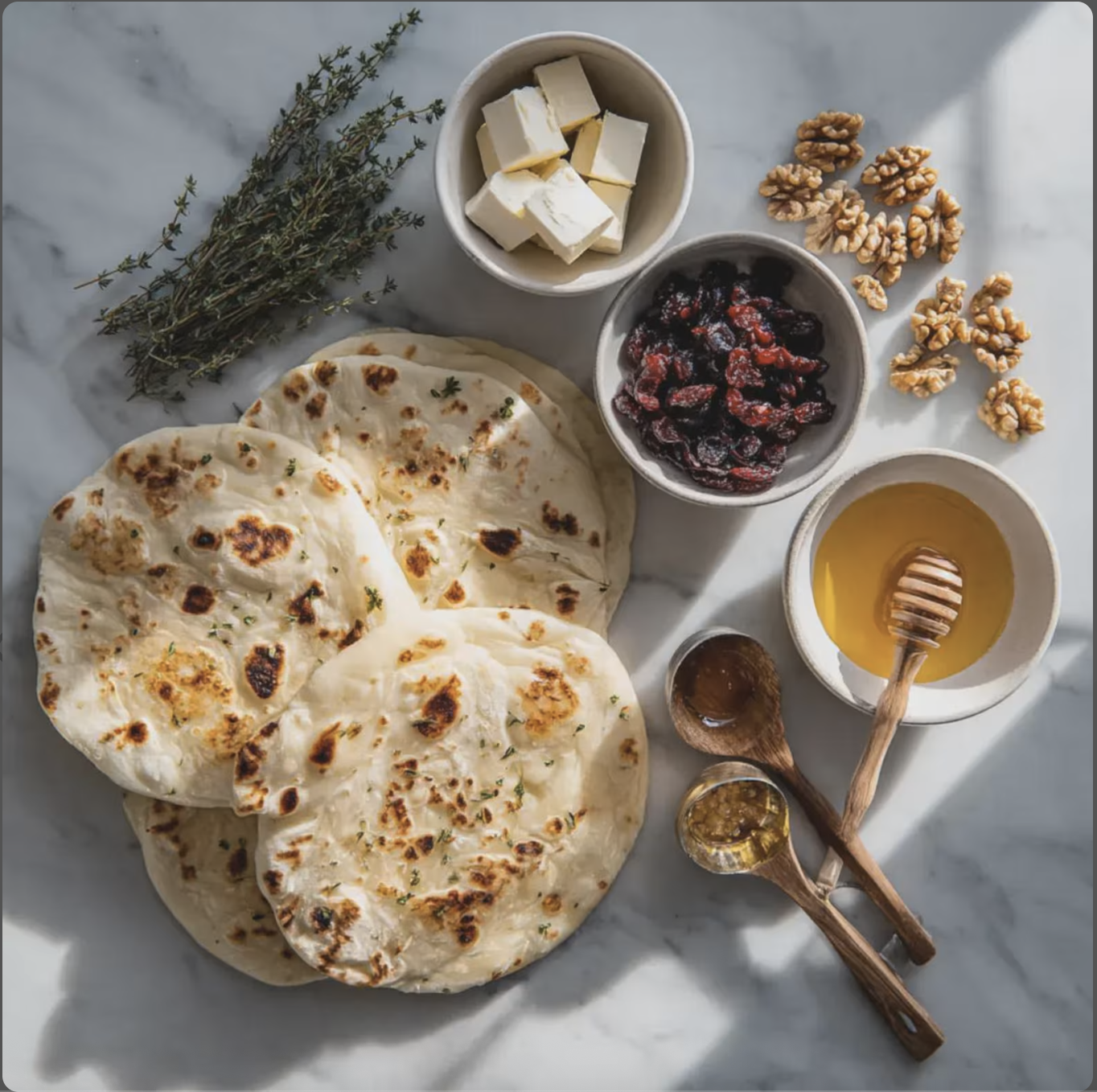 Flatbread ingredients with Brie, dried cranberries, pecans, rosemary and honey