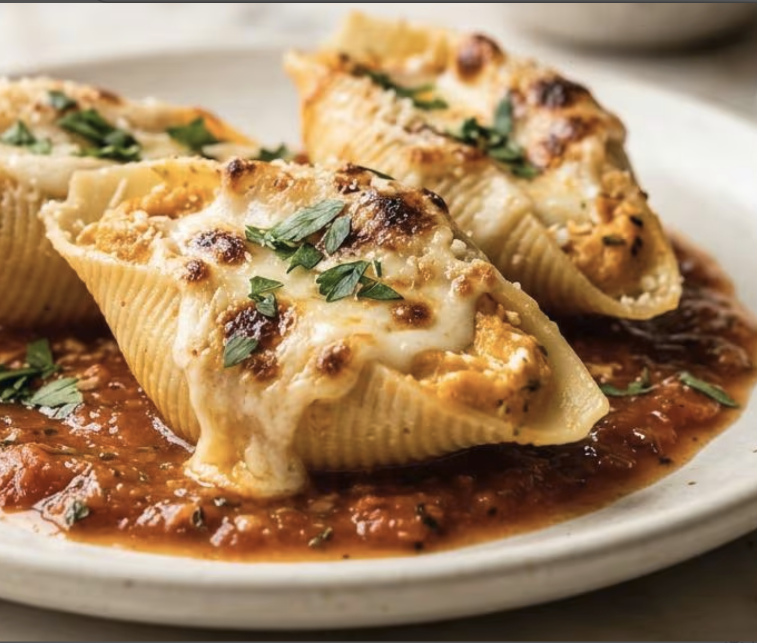 Baked pumpkin ricotta stuffed shells with marinara and melted cheese