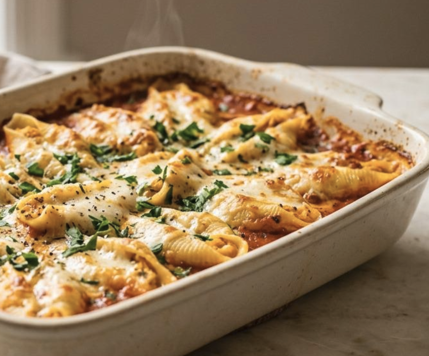 Pumpkin ricotta stuffed shells arranged in marinara sauce