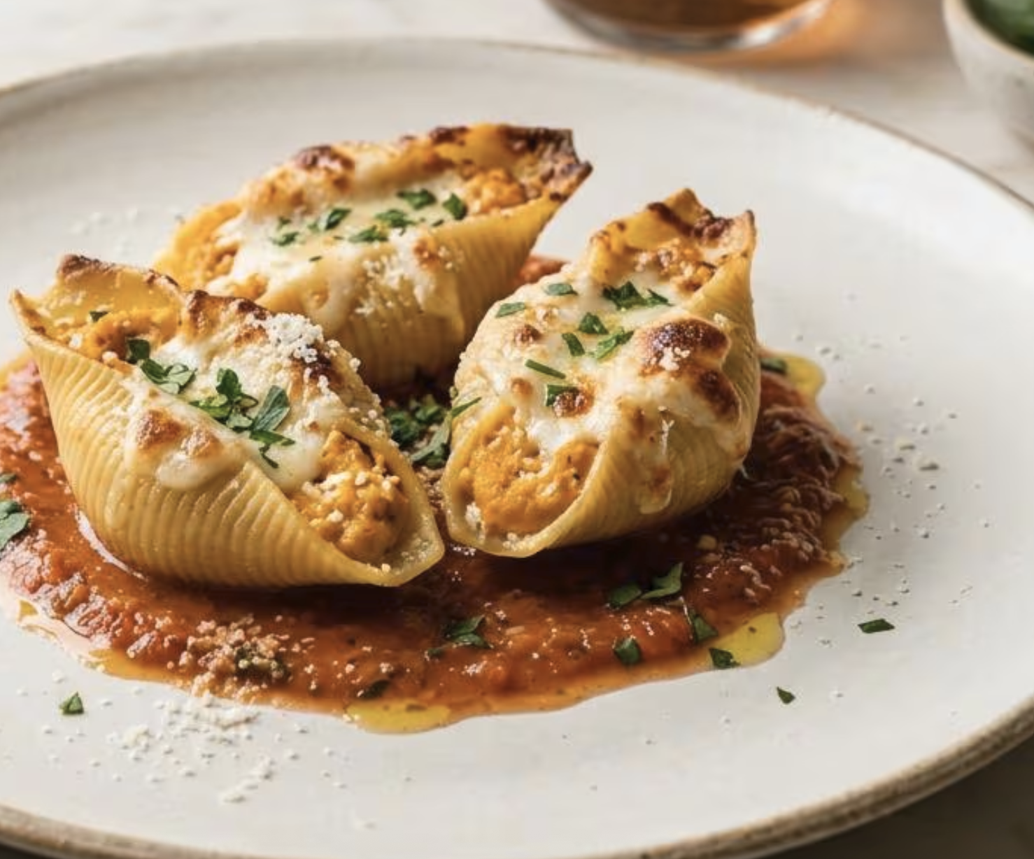 Golden baked pumpkin ricotta stuffed shells in a baking dish