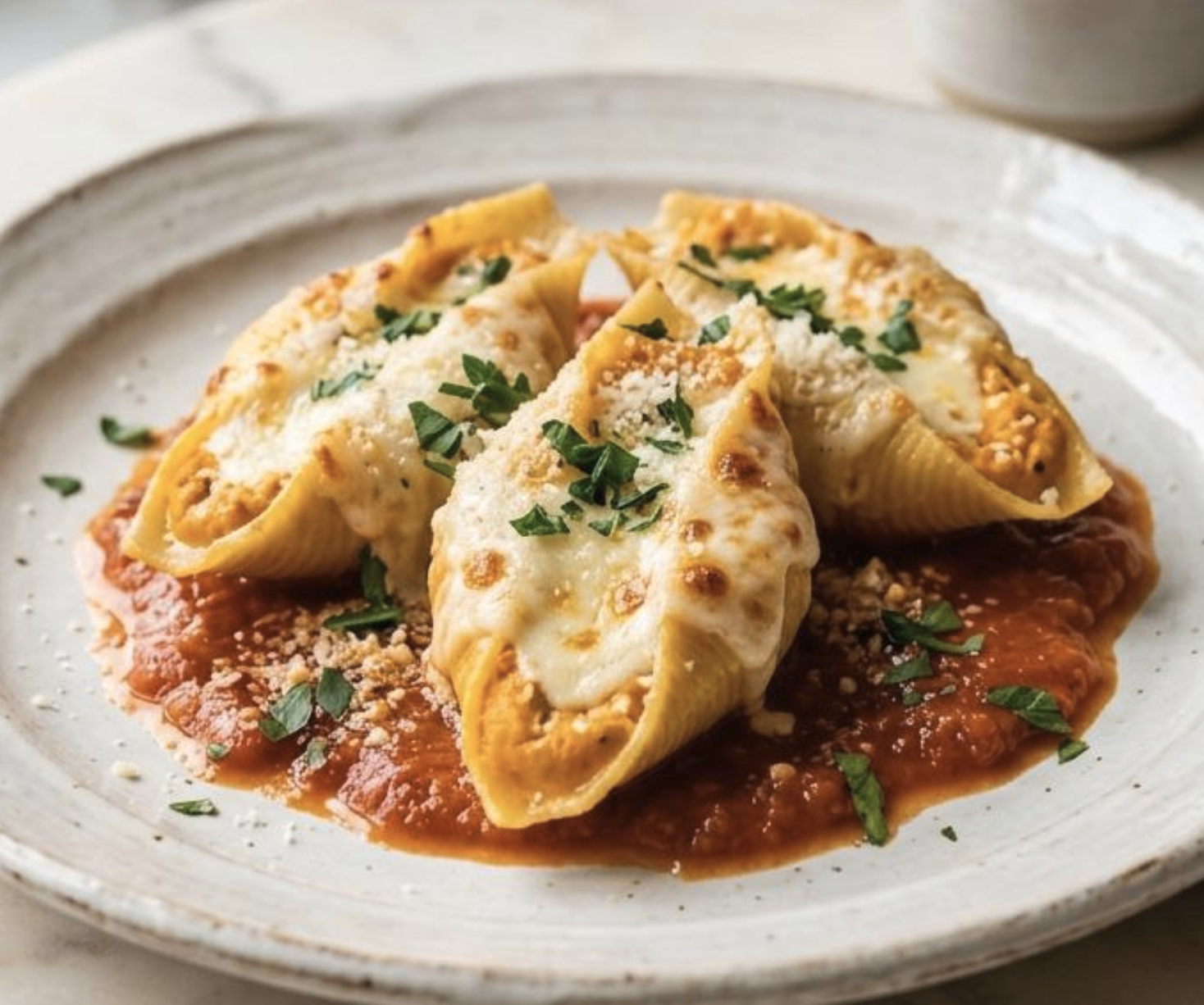 Pumpkin ricotta filled pasta shells arranged in marinara before baking