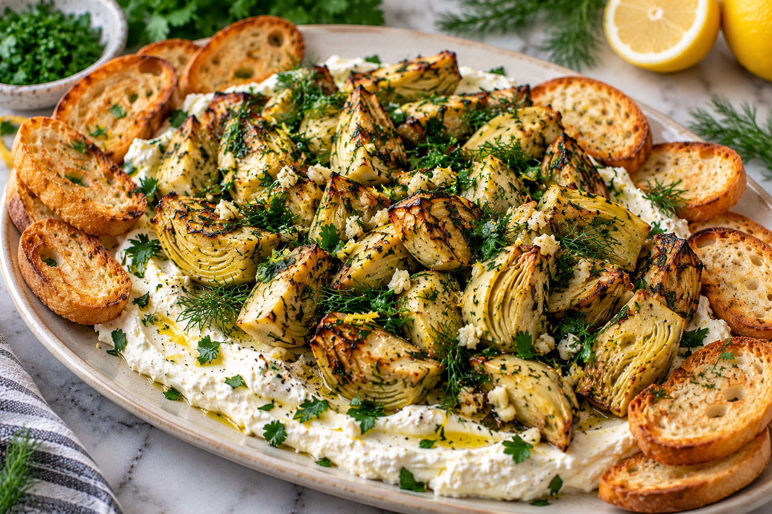 Creamy whipped goat cheese spread across a serving platter before adding the warm artichokes