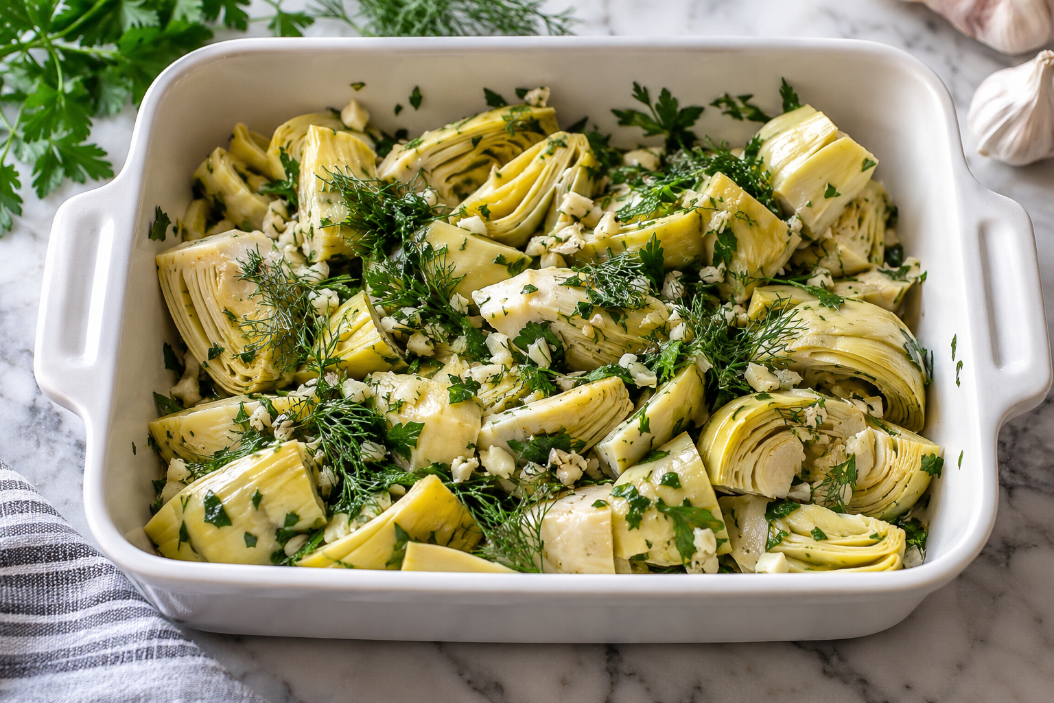 Chargrilled artichokes seasoned with minced garlic, fresh parsley and dill in an oven-safe dish