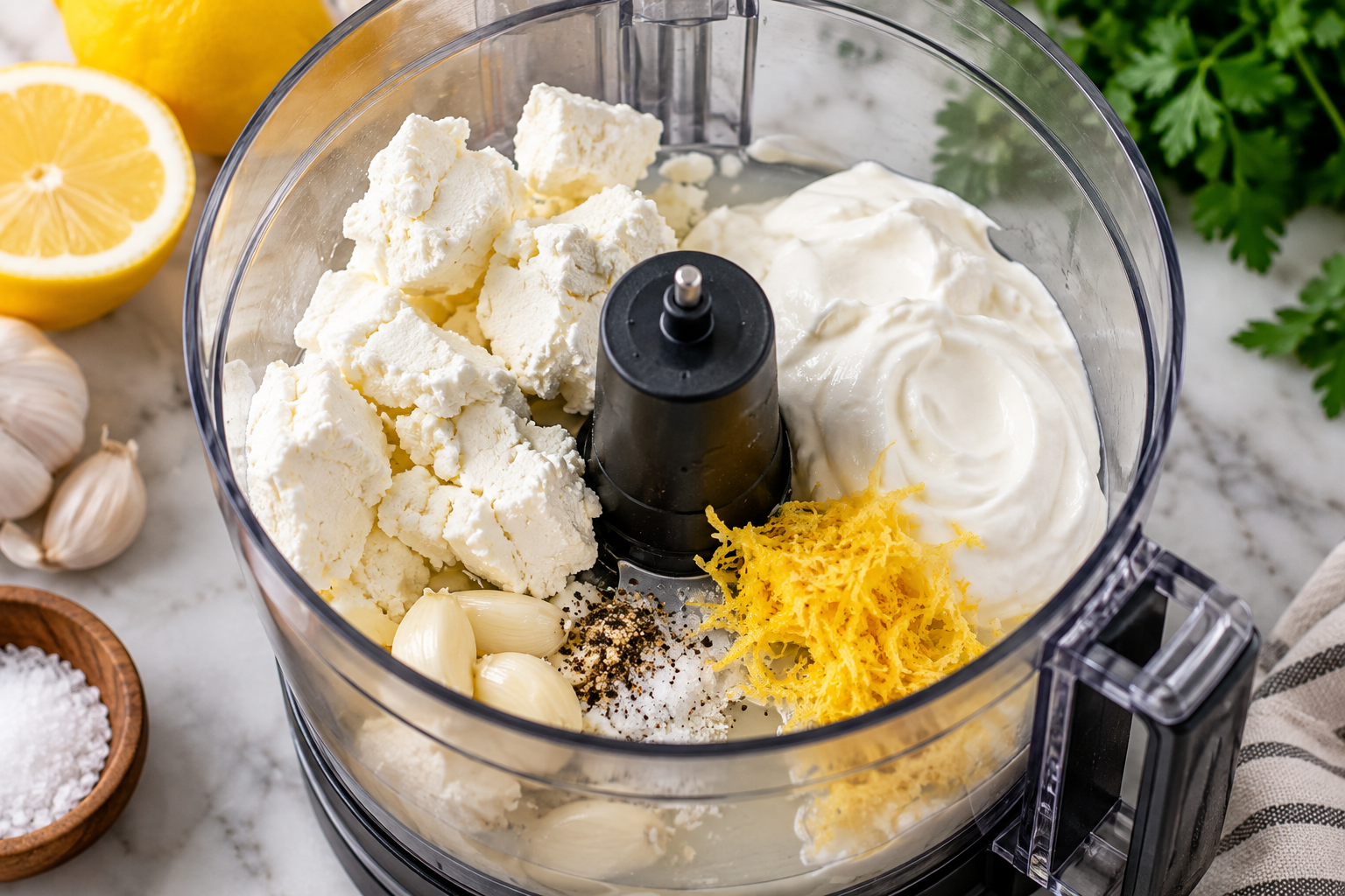 Goat cheese, Greek yogurt, garlic, lemon zest and salt added to a food processor for whipped goat cheese