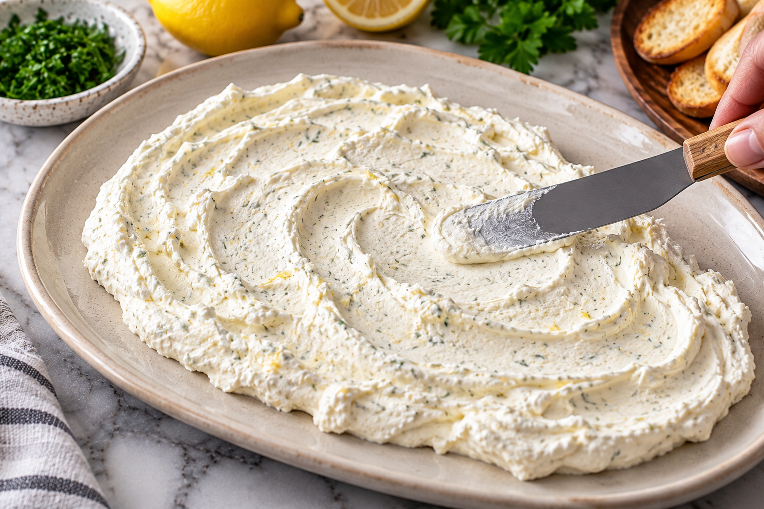 Creamy whipped goat cheese spread across a serving platter before adding the warm artichokes