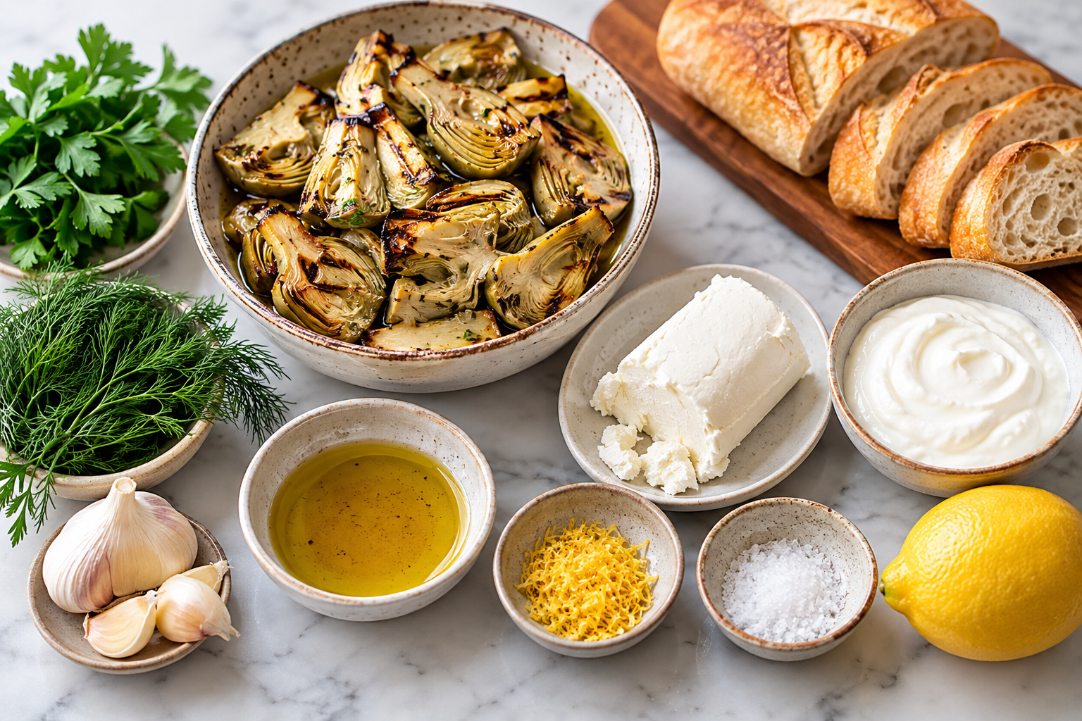 Ingredients for chargrilled artichokes with whipped goat cheese including artichokes, goat cheese, Greek yogurt, garlic, lemon, fresh herbs and baguette