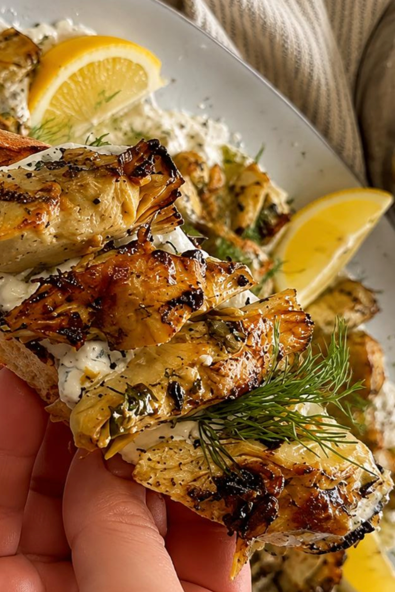 Warm chargrilled artichokes with whipped goat cheese, fresh dill and parsley, lemon and toasted crostini