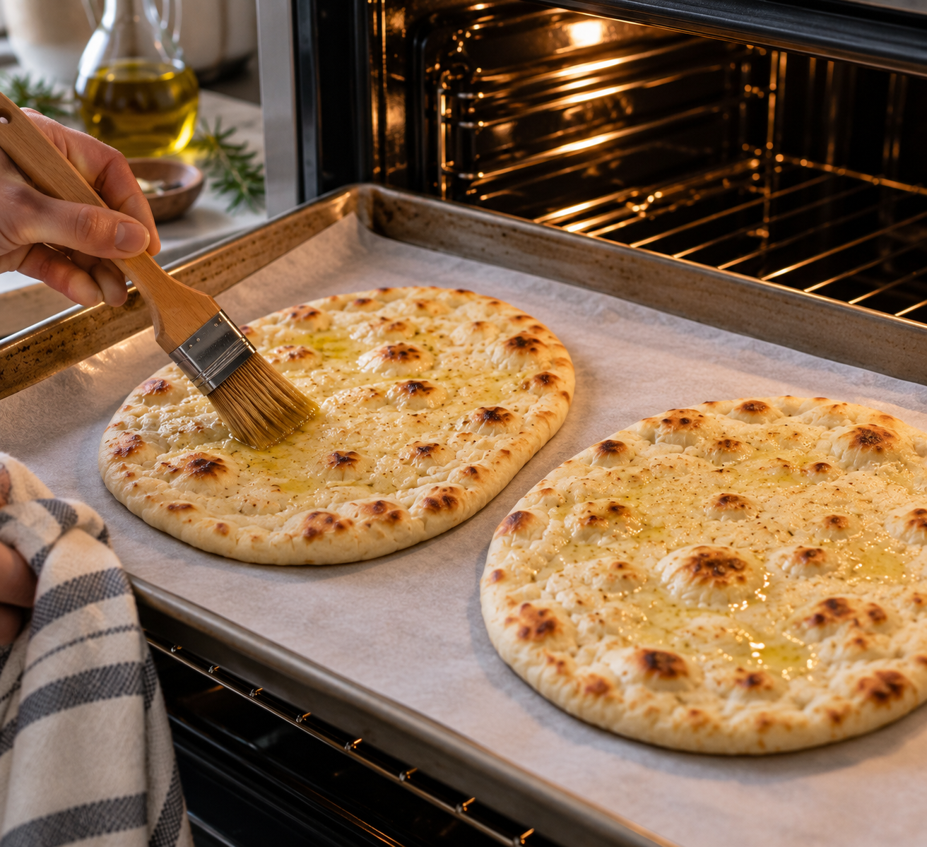 Two flatbreads brushed with olive oil on a parchment-lined baking sheet before par-baking