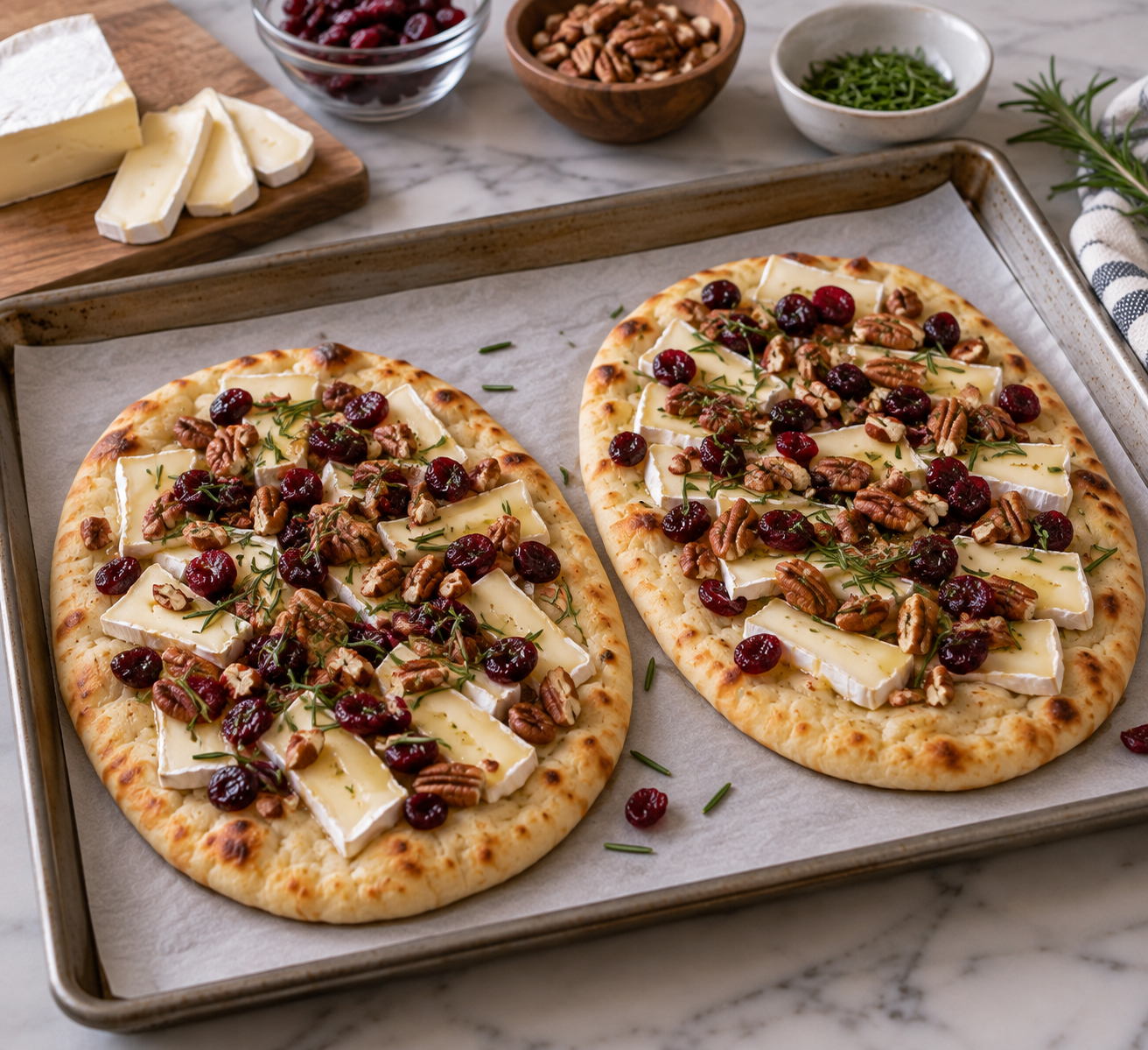 Flatbreads topped with sliced Brie, dried cranberries, chopped pecans and fresh rosemary before baking