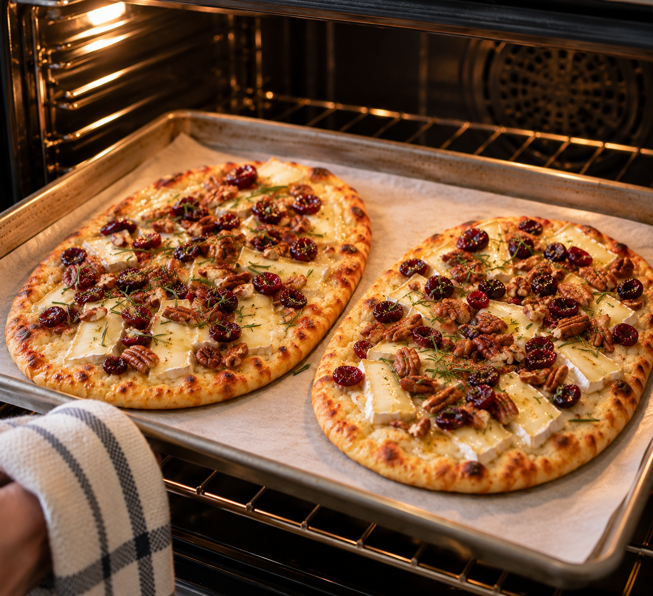 Brie cranberry pecan flatbreads baking until the Brie is melted and the edges are golden