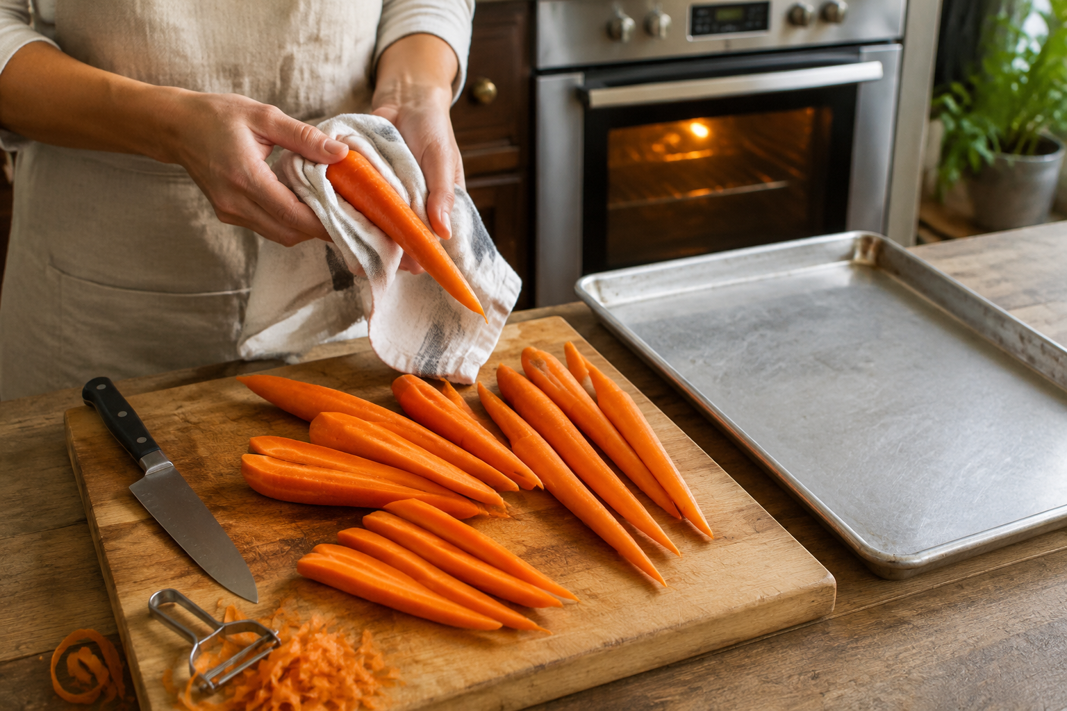Drying a peeled carrot with a kitchen towel beside sliced carrots and a rimmed baking sheet
