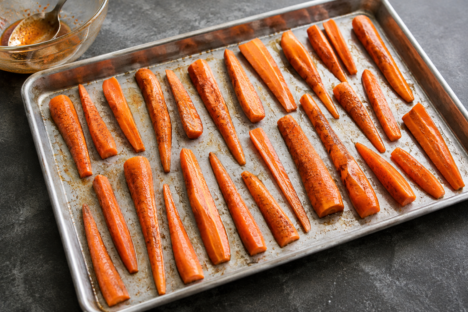 Seasoned carrots arranged in a single layer with space between them on a metal baking sheet.