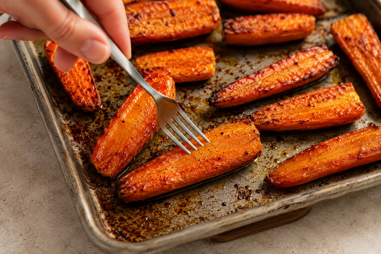 Testing a roasted carrot with a fork, with browned carrots spread across the baking sheet.