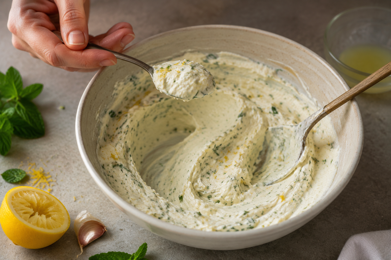 A spoonful of thick lemon-mint labneh held above a mixing bowl.