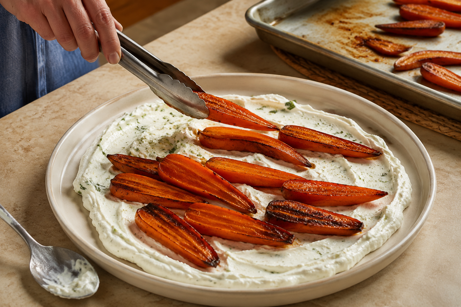 Using tongs to arrange roasted carrots over lemon-mint labneh on a serving platter.