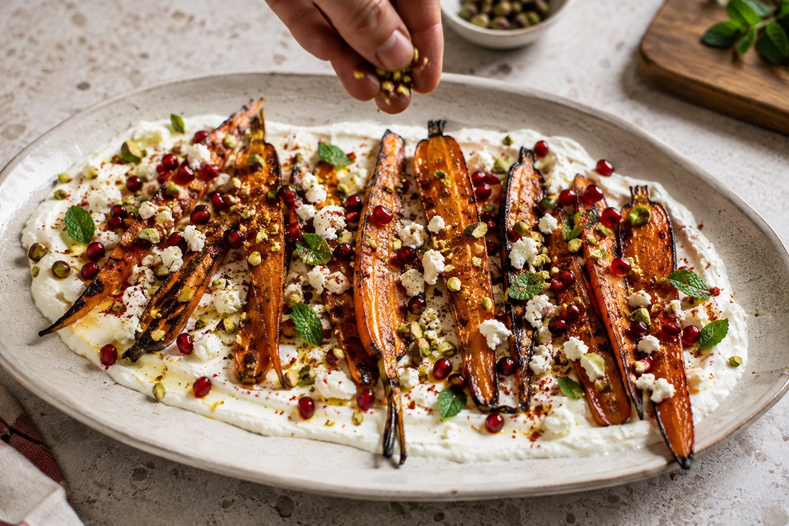 Sprinkling chopped pistachios over Mediterranean charred carrots with labneh, pomegranate, feta, and mint.