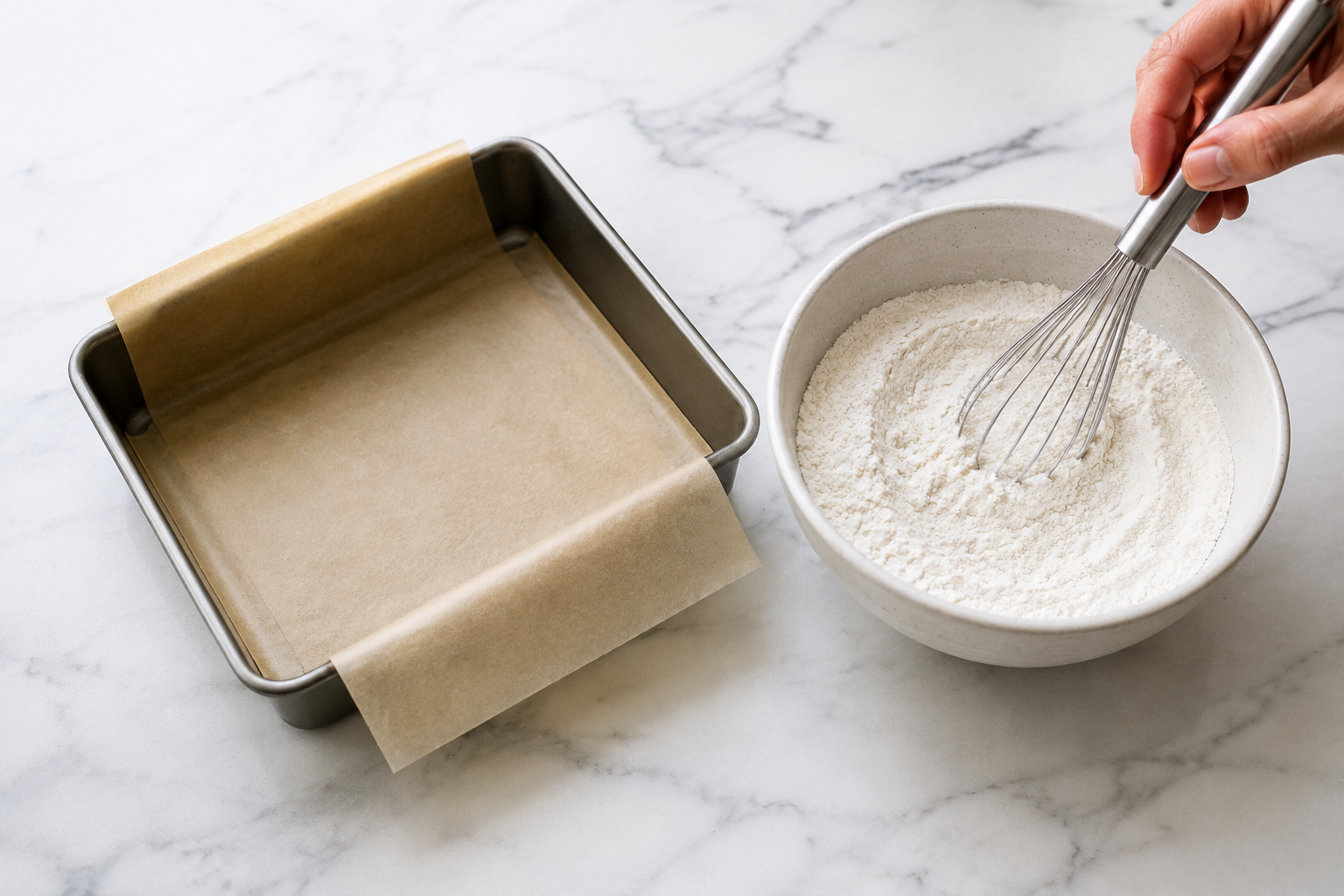 Square baking pan lined with parchment beside a bowl of flour mixture being whisked on a marble countertop.