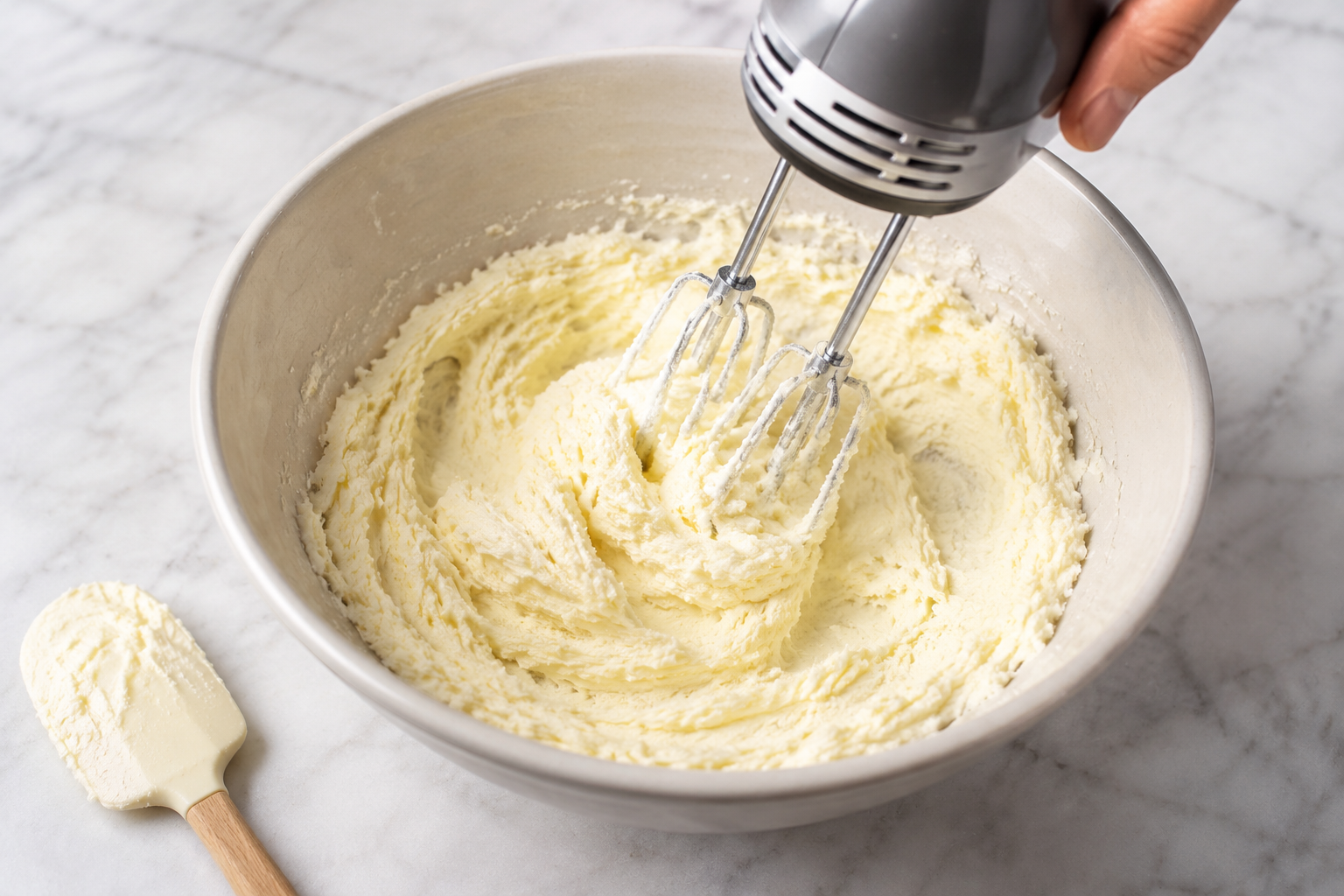 Softened butter and granulated sugar being creamed until pale and fluffy with an electric hand mixer.
