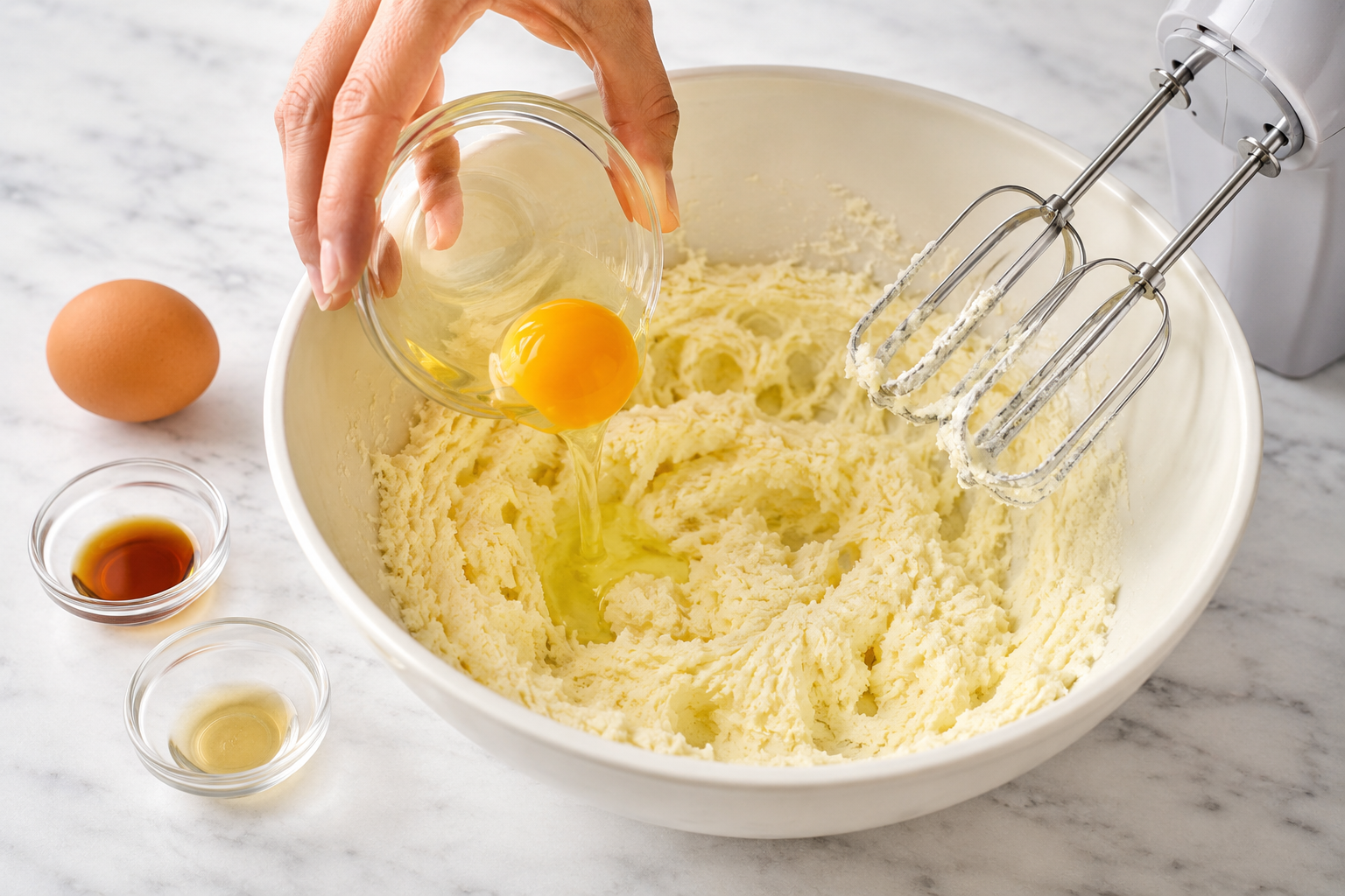 One egg being added to creamed butter and sugar with vanilla and almond extracts ready nearby.
