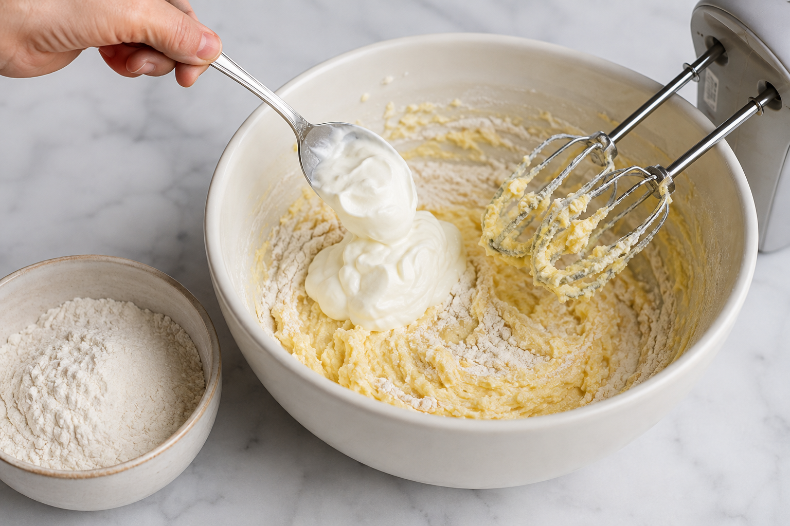Sour cream being added to partially mixed blueberry coffee cake batter with the remaining flour mixture nearby.