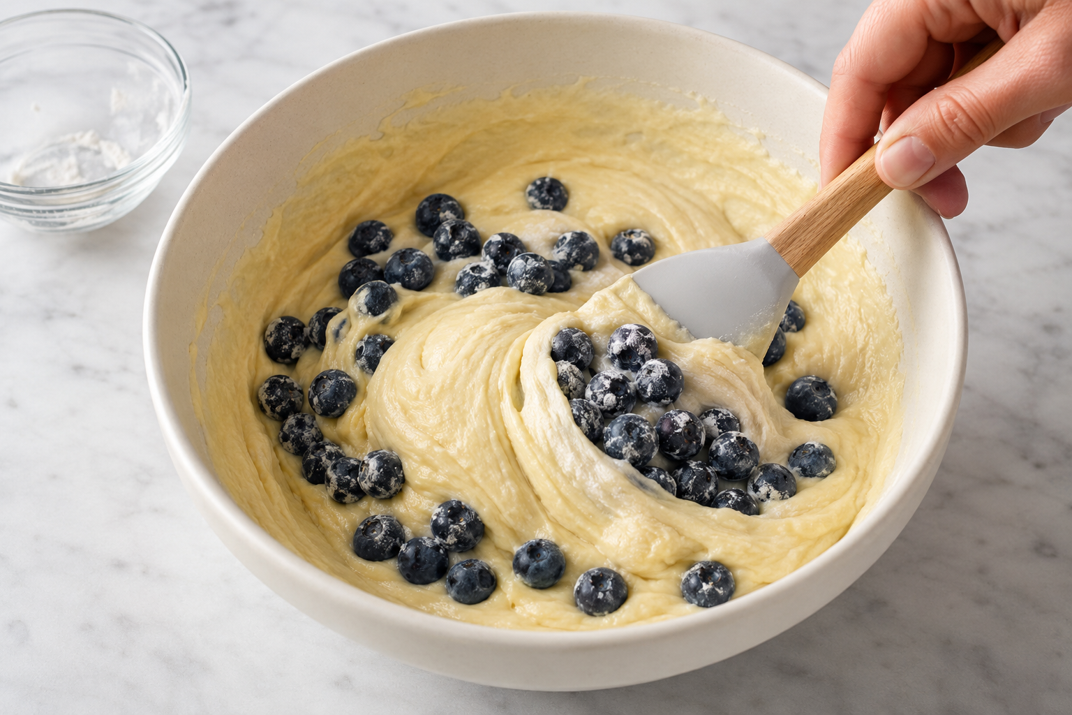 Flour-coated blueberries being gently folded into thick blueberry coffee cake batter with a spatula.