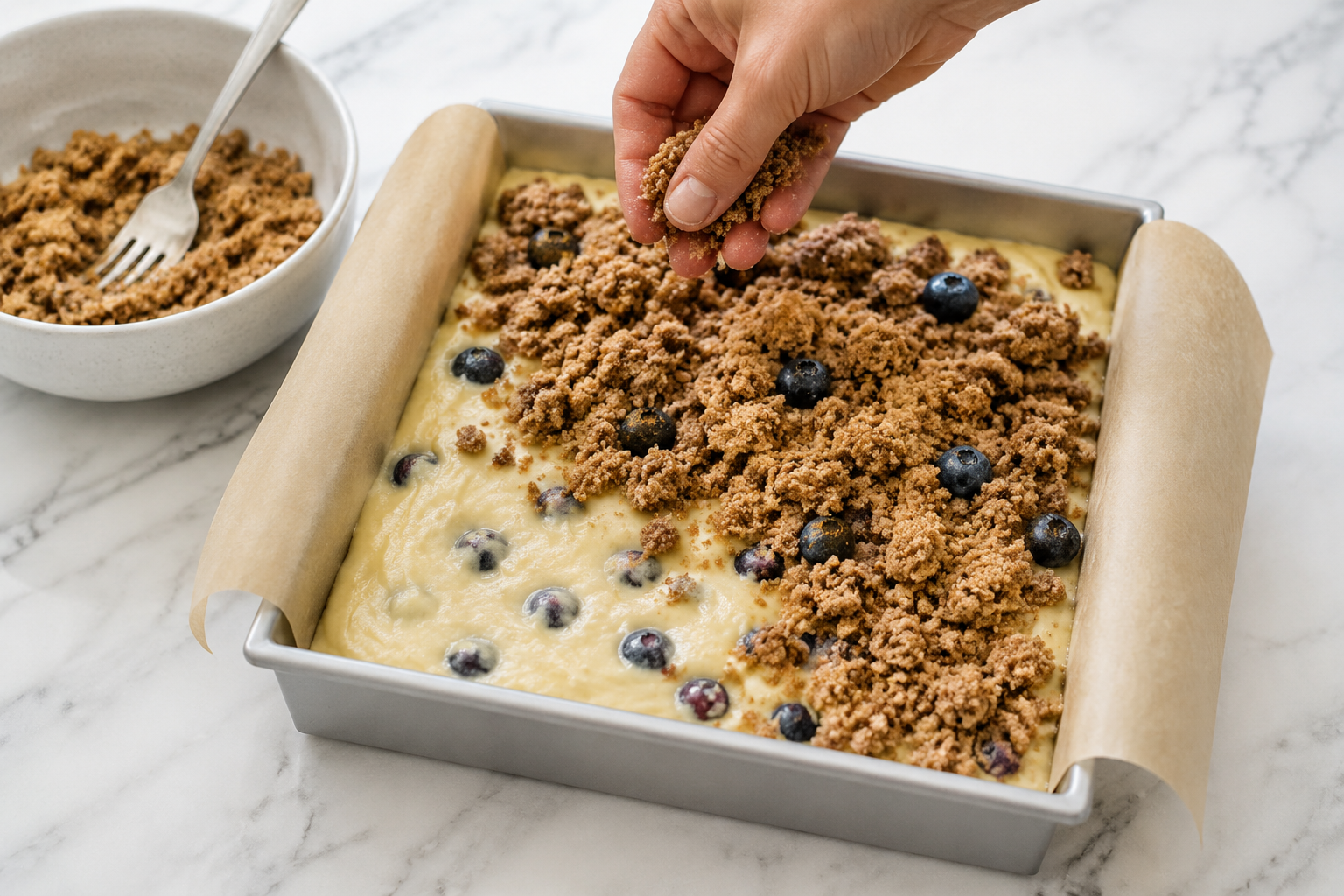 Cinnamon crumb topping and extra blueberries being scattered over blueberry coffee cake batter in a parchment-lined pan.