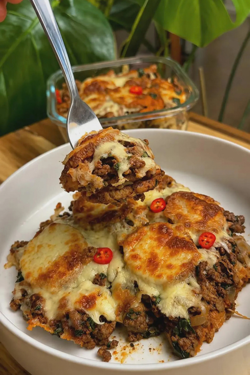 High-protein layered sweet potato bake with seasoned ground beef, spinach and melted mozzarella