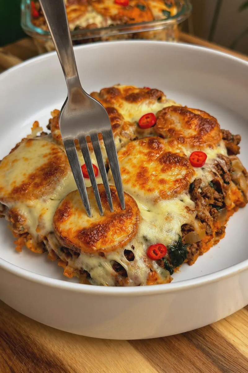 Baked sweet potato casserole with layers of seasoned ground beef, spinach and golden mozzarella