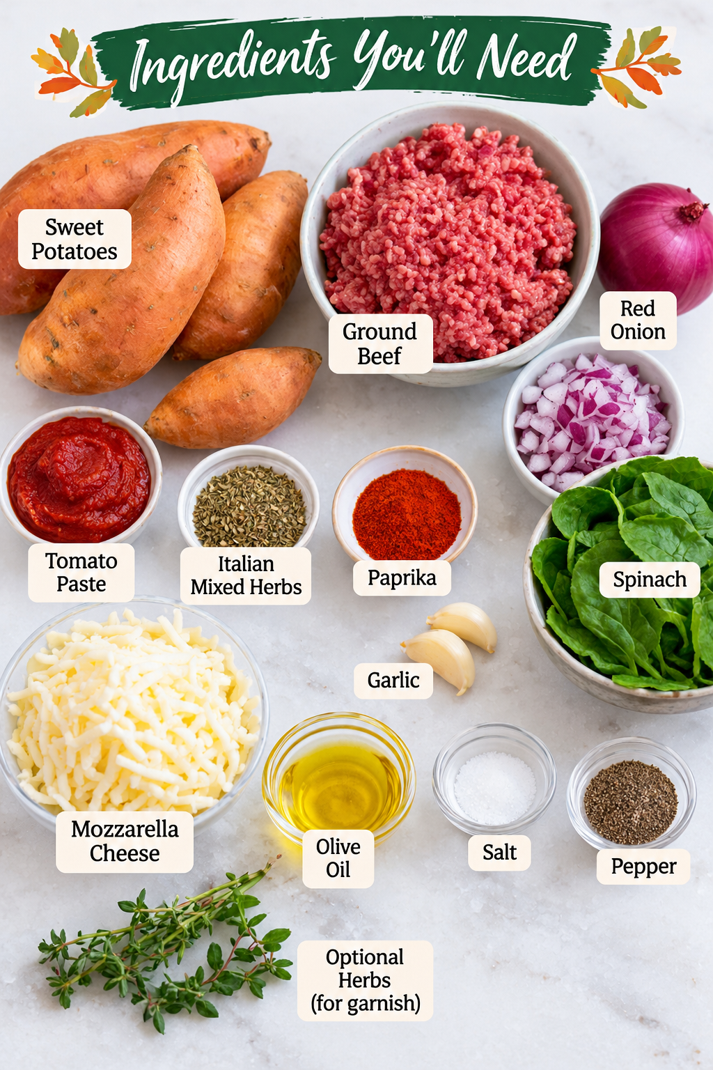 Ingredients for high-protein sweet potato bake including sweet potatoes, ground beef, spinach, mozzarella, tomato paste and seasonings