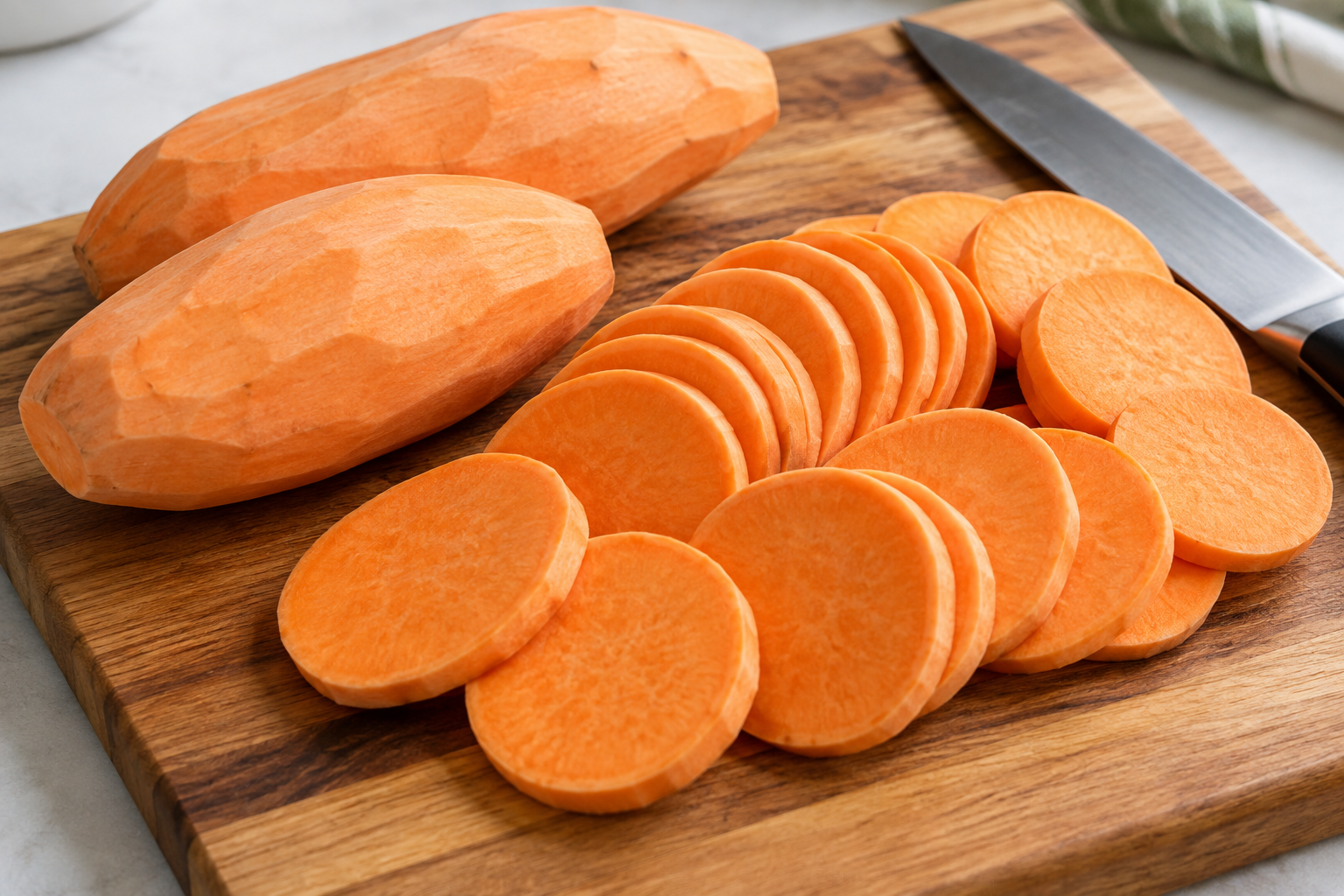 Sweet potatoes peeled and sliced into thin even rounds for layered sweet potato bake