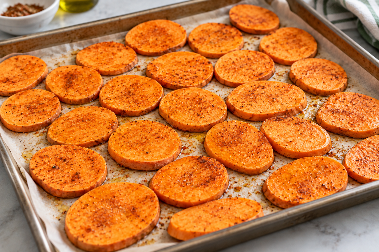 Seasoned sweet potato rounds arranged in a single layer on a baking tray for roasting