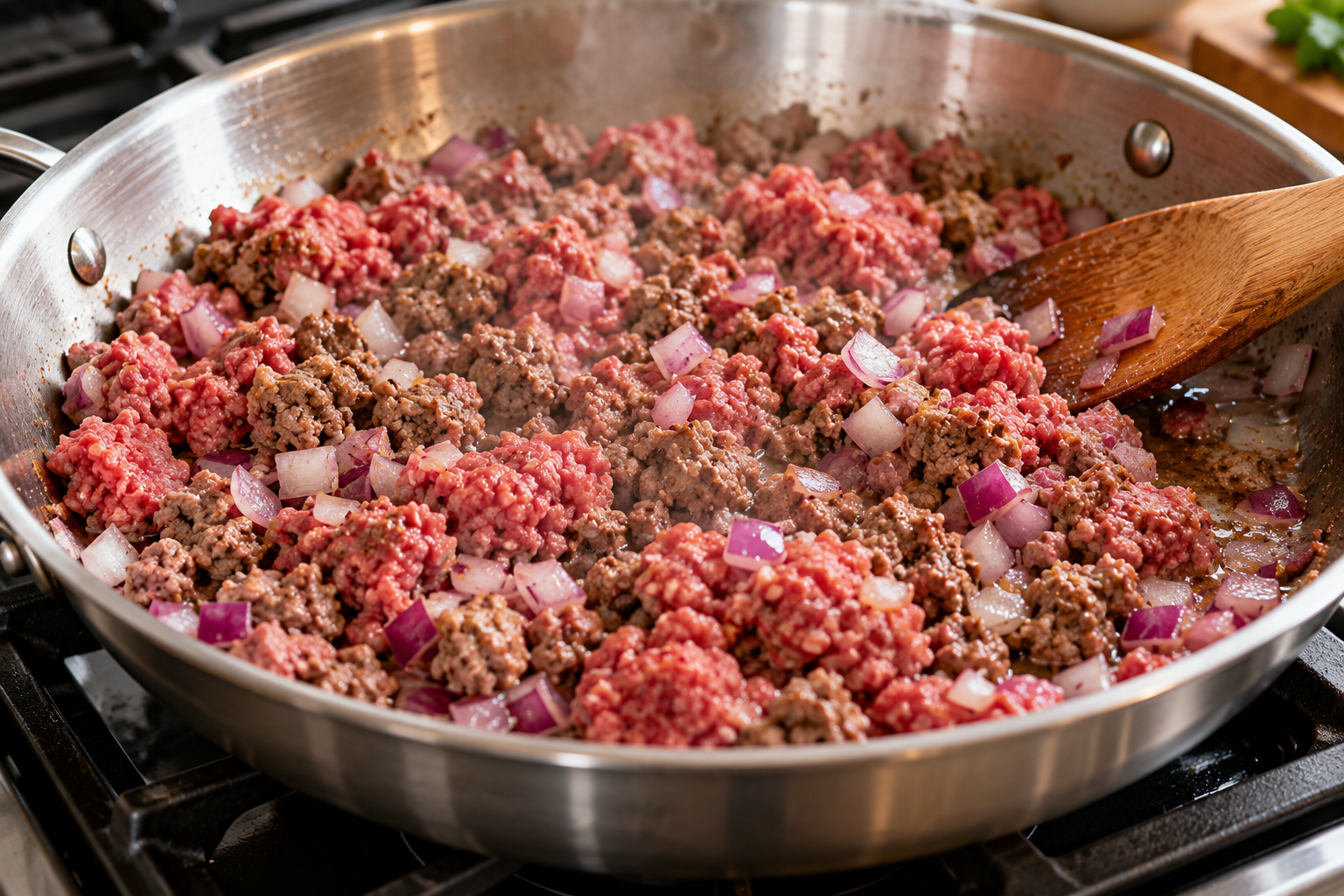 Ground beef and diced red onion cooking in a skillet for the sweet potato bake filling