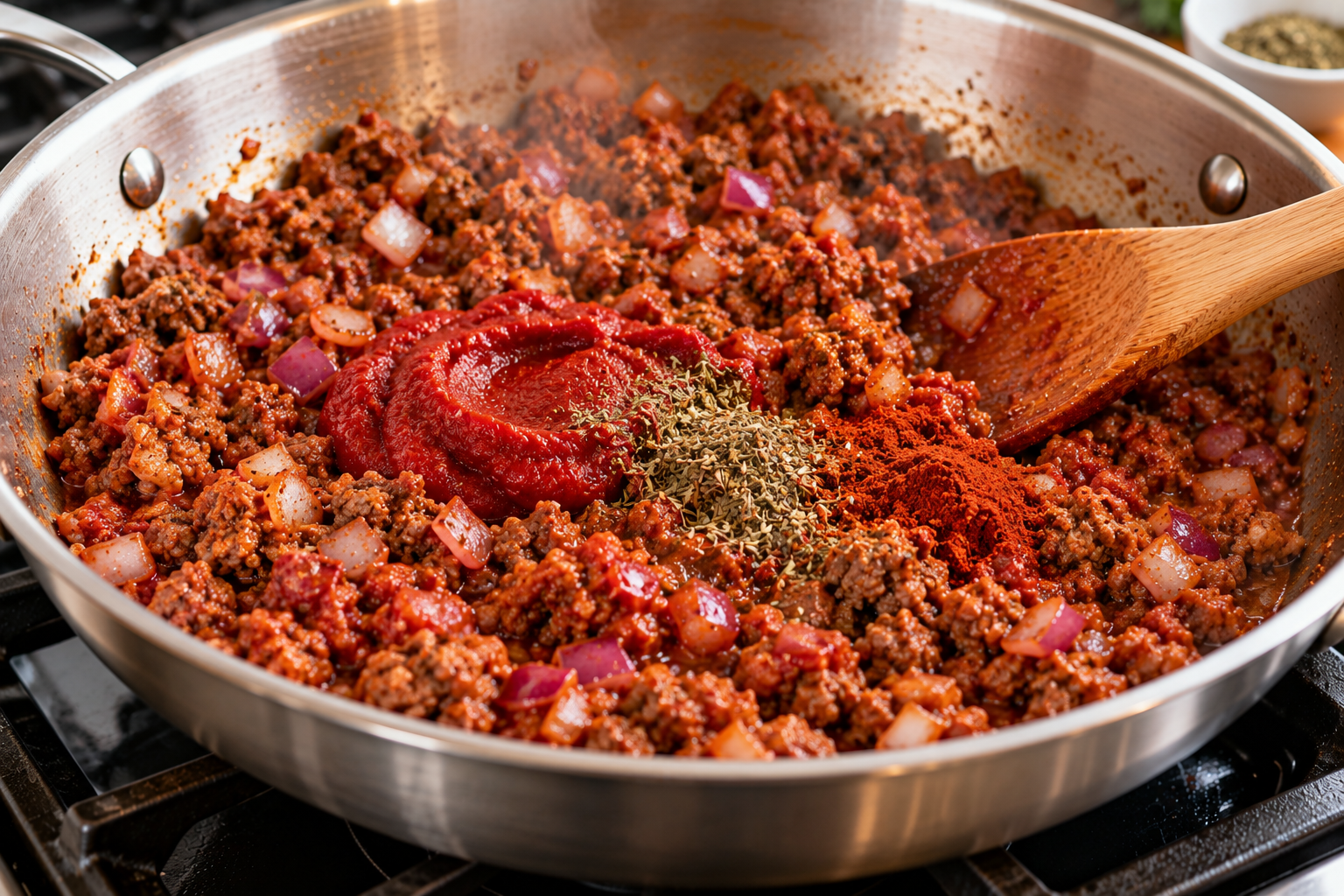 Ground beef filling with tomato paste, Italian mixed herbs and paprika cooking in a skillet