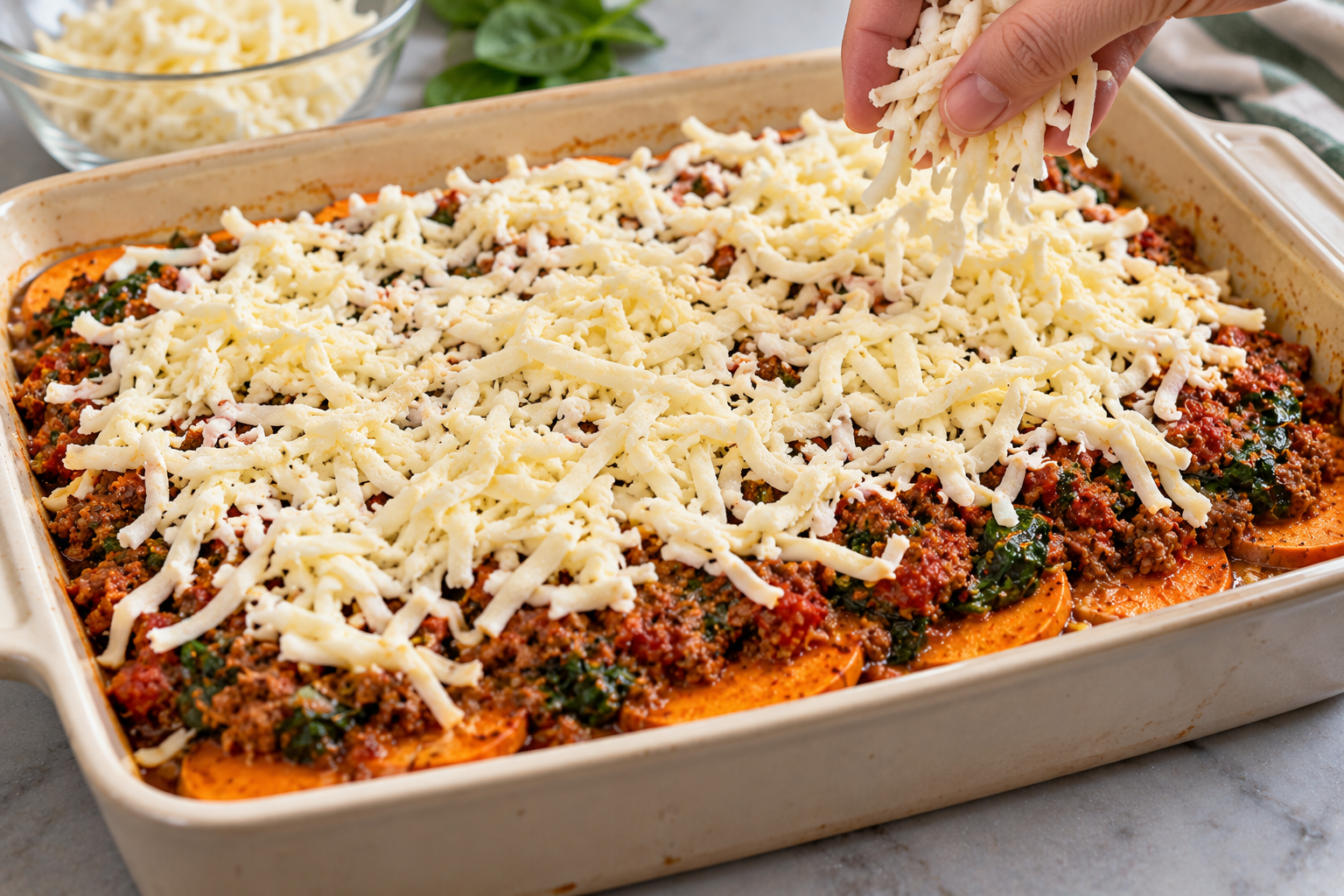 Grated mozzarella scattered over layered sweet potatoes, ground beef and spinach before baking