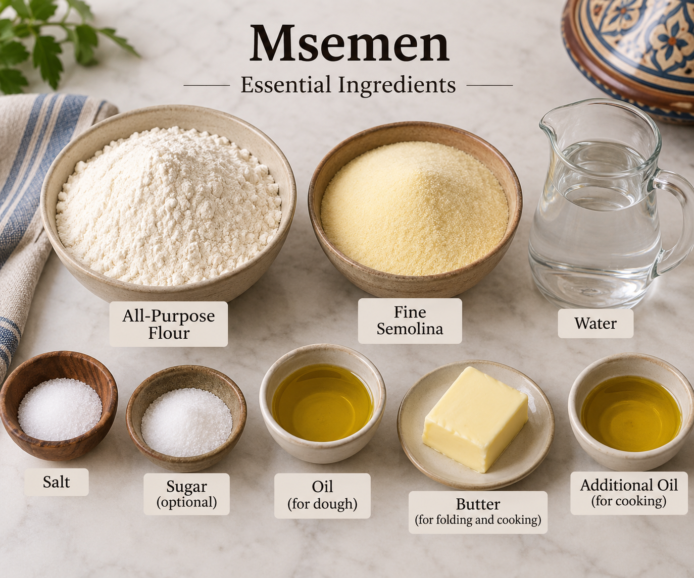 Essential ingredients for authentic msemen including flour, fine semolina, butter, oil, salt, sugar, and warm water