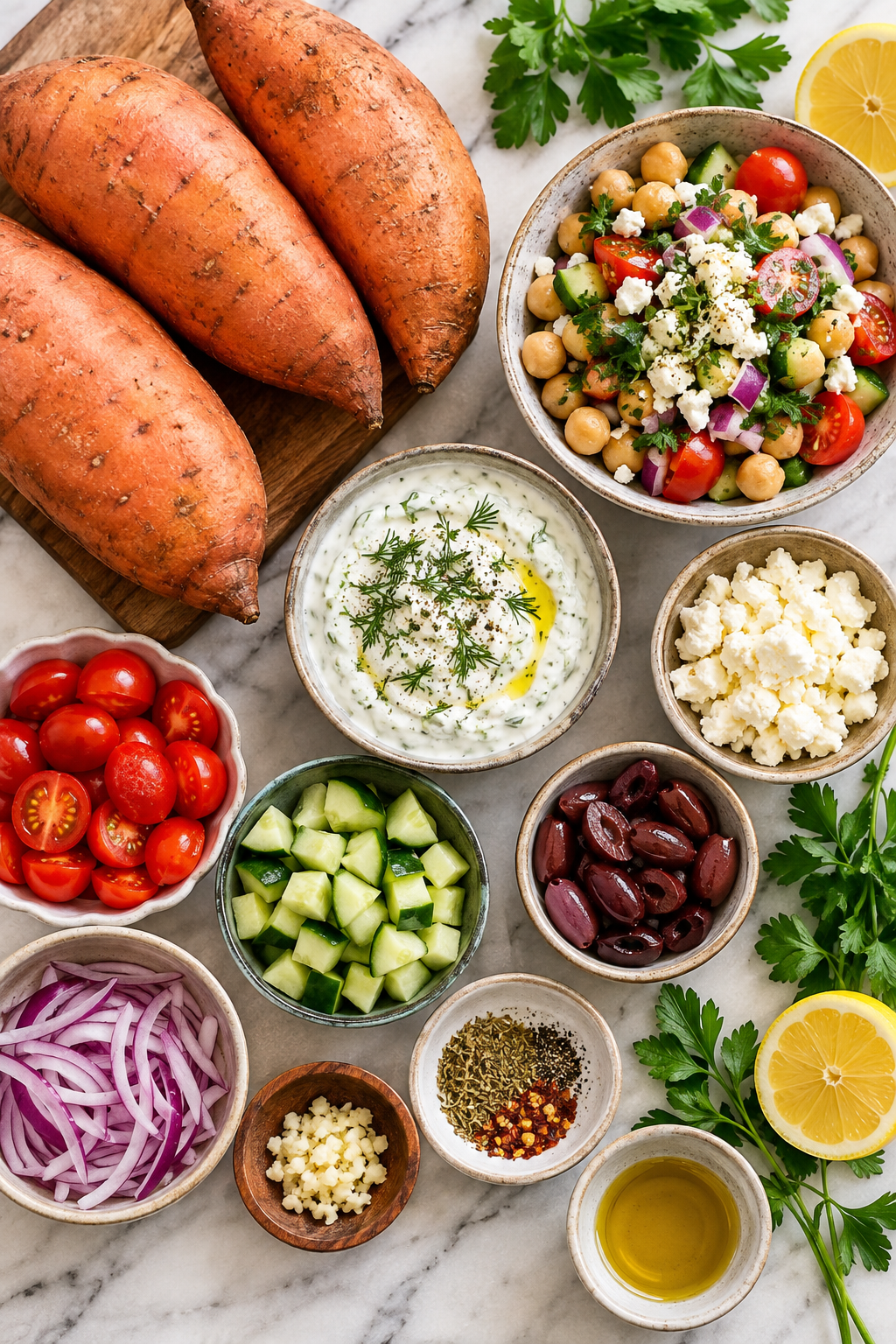 Ingredients for Mediterranean stuffed sweet potato boats including sweet potatoes, chickpeas, cherry tomatoes, cucumber, feta, Kalamata olives, red onion, lemon, herbs and olive oil.