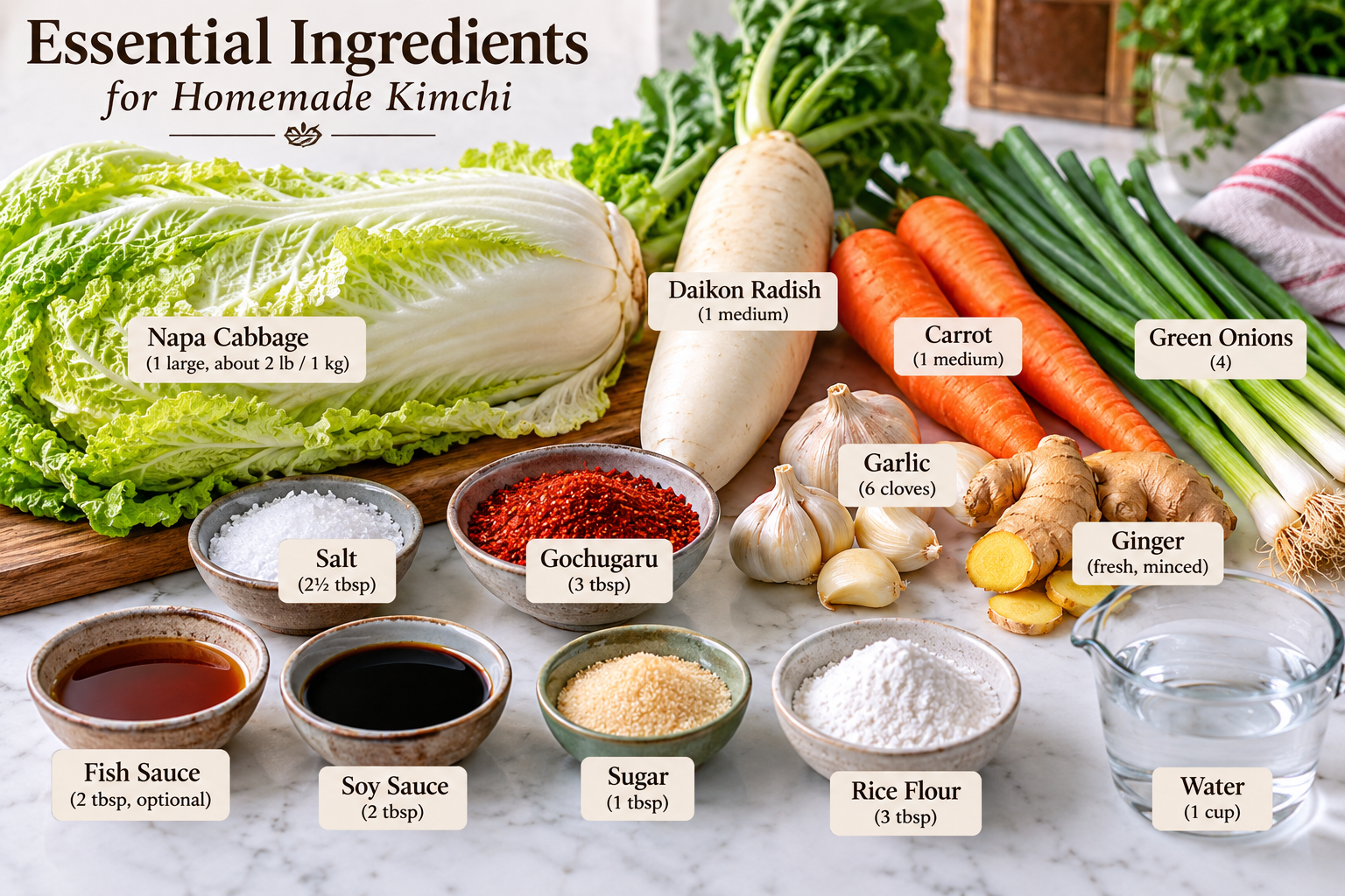Essential ingredients for homemade kimchi including Napa cabbage, daikon, carrot, green onions, gochugaru, garlic, ginger and seasonings.